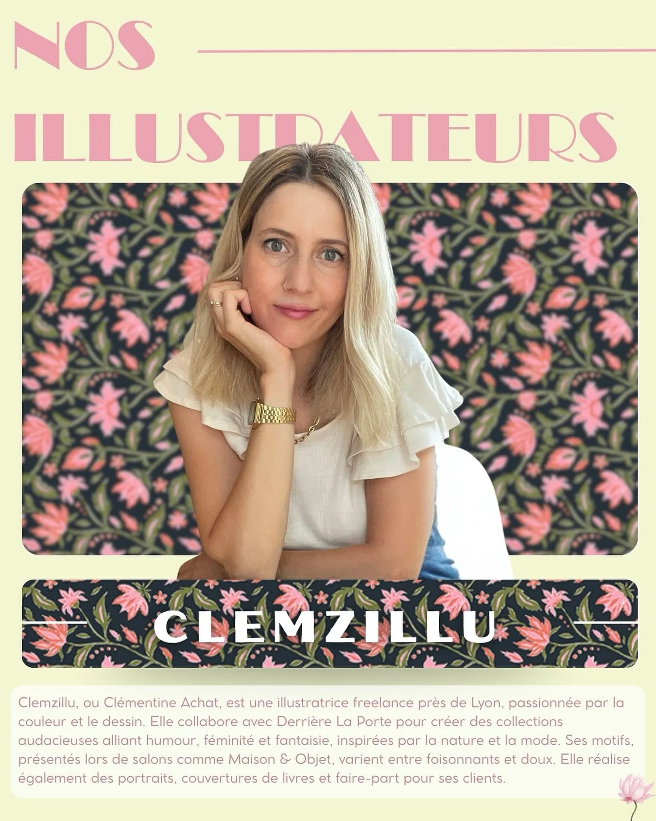 Des motifs audacieux, f&eacute;minins et p&eacute;tillants 🌸

Clemzillu collabore avec DLP pour imaginer des collections inspir&eacute;es de la nature et de la mode.
Un vent de fra&icirc;cheur dans nos cr&eacute;ations ! ✨

#DerriereLaPorte #Design 