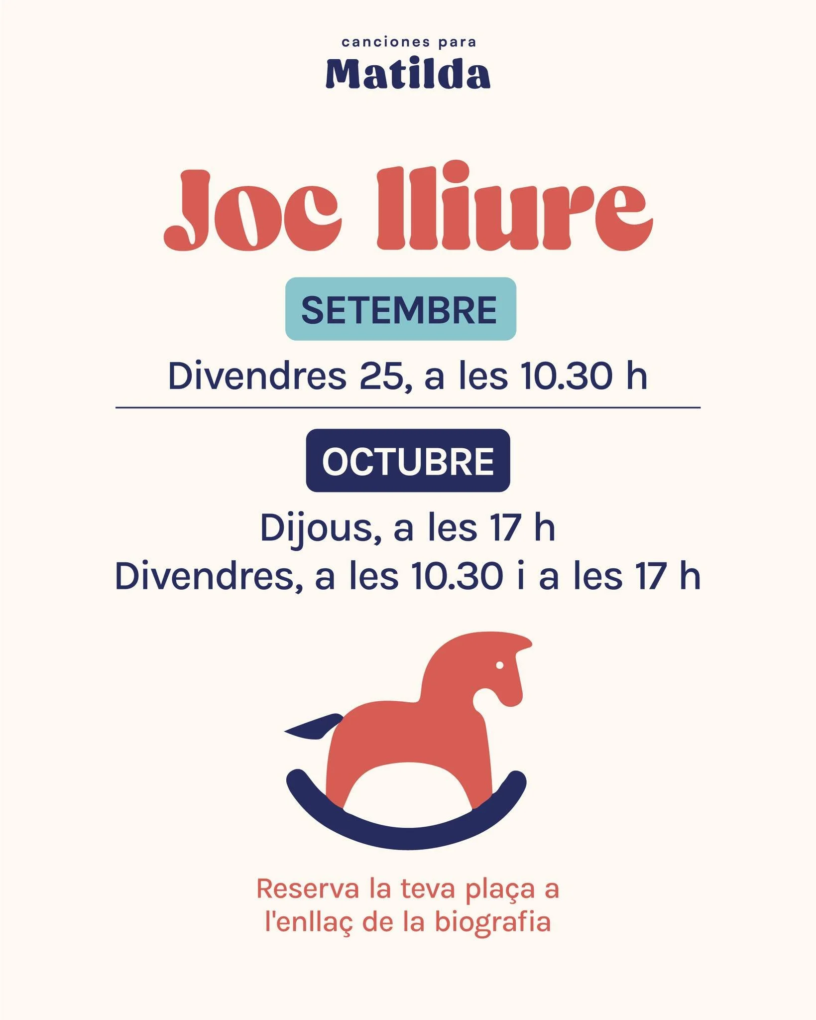 ⭐ Joc lliure: Aquest divendres tenim la darrera sessi&oacute; de setembre i ja tenim preparats els horaris d'octubre!

📅 Setembre
Divendres 25, a les 10.30 h

📅 Octubre
Dijous, a les 17 h
Divendres, a les 10.30 h i a les 17 h

El Joc Lliure &eacute