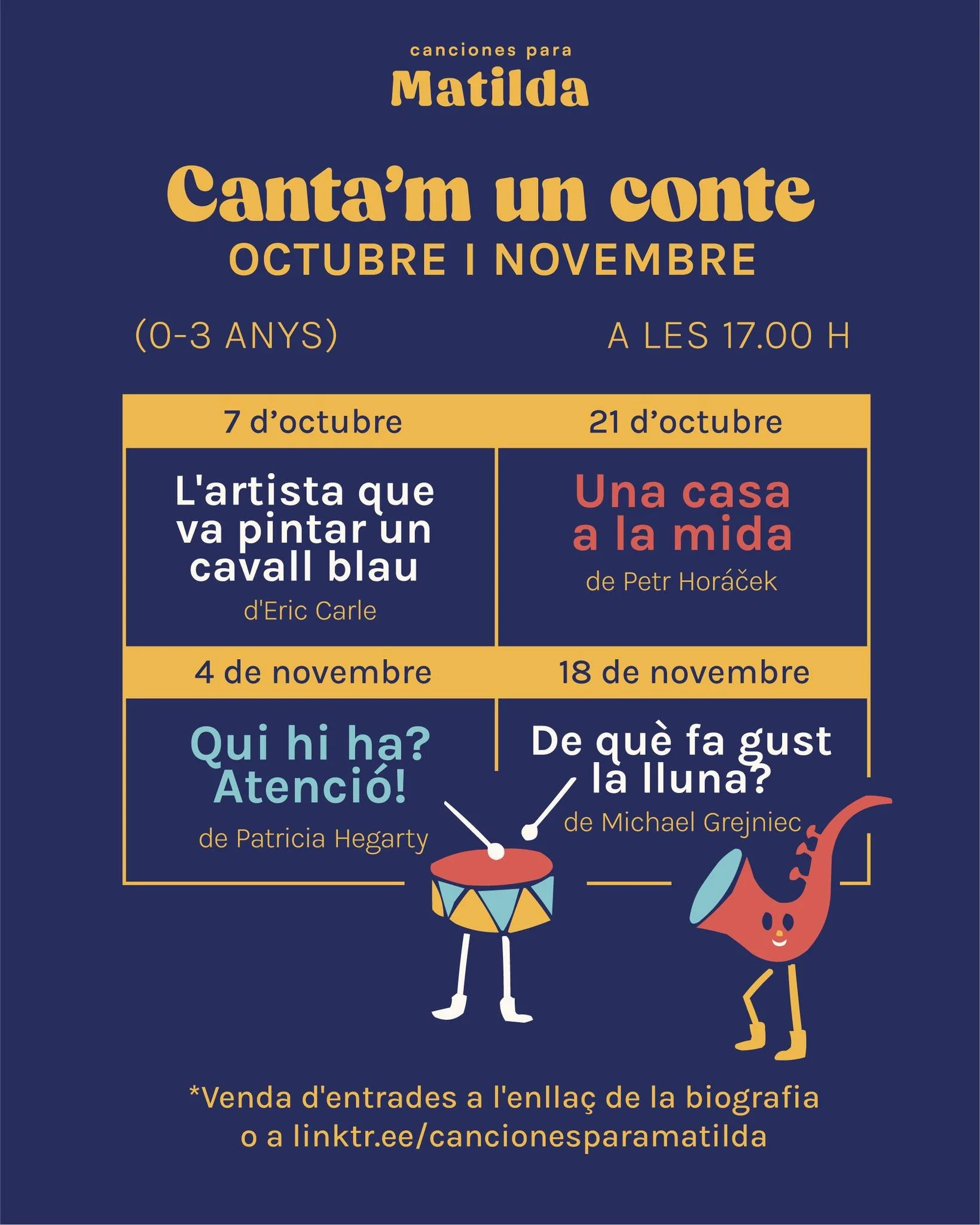 📚🎶 Ja tenim el calendari de Cantam un Conte per als mesos d'octubre i novembre!

Quatre noves sessions per descobrir hist&ograve;ries, cantar, jugar i compartir moments especials amb els m&eacute;s petits.

Apuntau les dates i els contes que ens ac