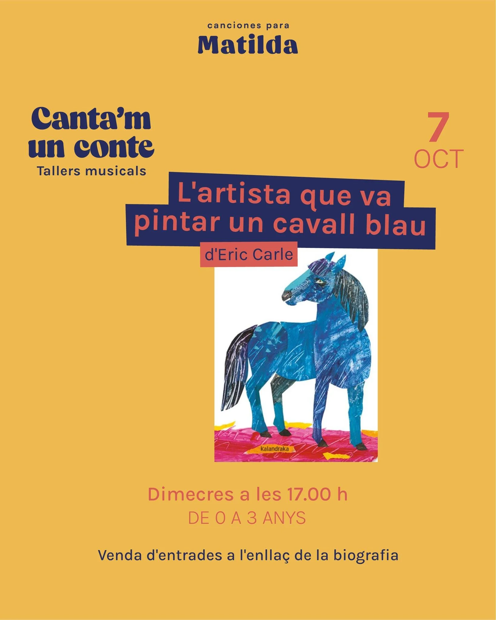📚🎶 Dem&agrave; tenim Cantam un Conte!

Aquest 7 d&rsquo;octubre, a les 17 h, descobrirem L&rsquo;artista que va pintar un cavall blau, d&rsquo;Eric Carle 🐴

Un conte ple d&rsquo;animals, formes i colors poc convencionals que convida els m&eacute;s