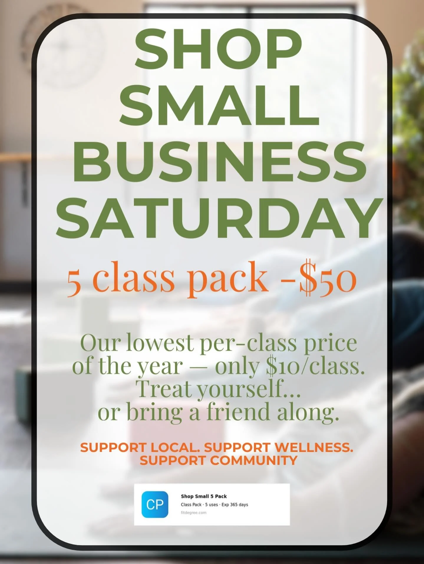 Our Shop Small Saturday deal is live!
We&rsquo;re offering 50 exclusive 5-class packs for just $50 &mdash; only $10/class 
Once all 50 are gone, the deal is gone.
Perfect for boosting your own practice or bringing a friend to class.
Available today o