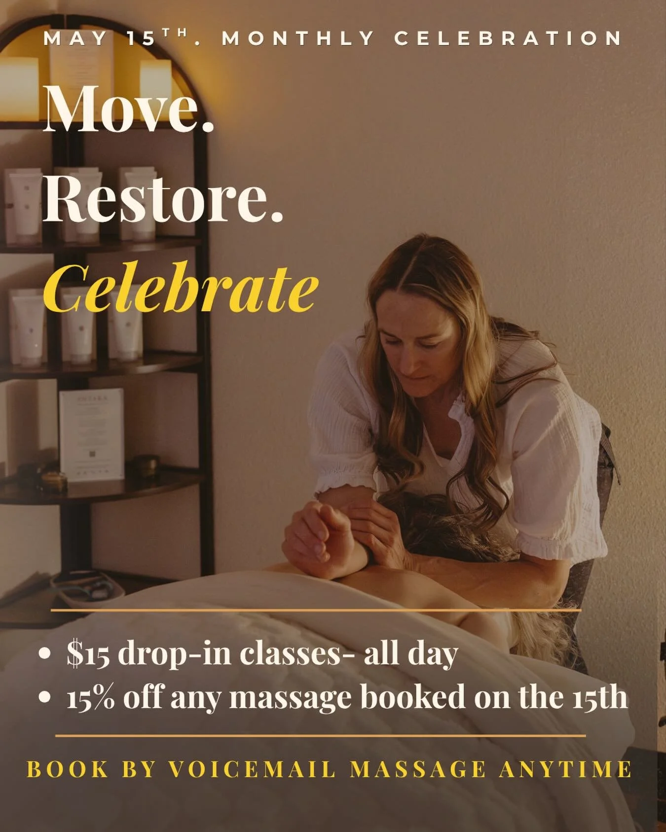 Celebrating 15 years of Tadasana every month on the 15th. ✨✨

Tomorrow is the 15th: $15 drop -in + 15% off any massage booked on the 15th. 

Voicemail booking only. Massage doesnt need to heppen in the 15th. Just booked. 303.258.YOGA