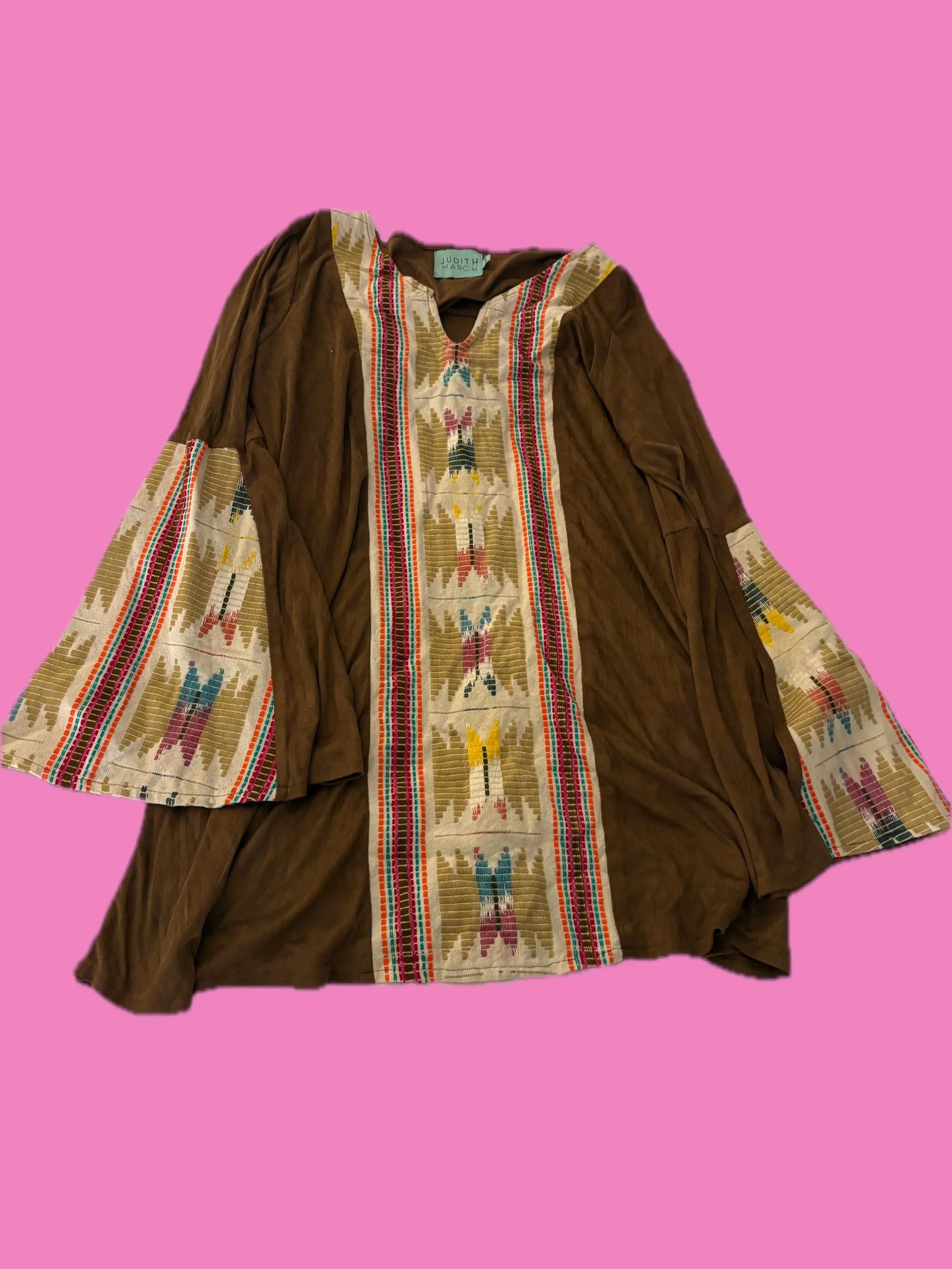 Judith March Brown Boho Embroidered Bell Sleeve Dress.JPG