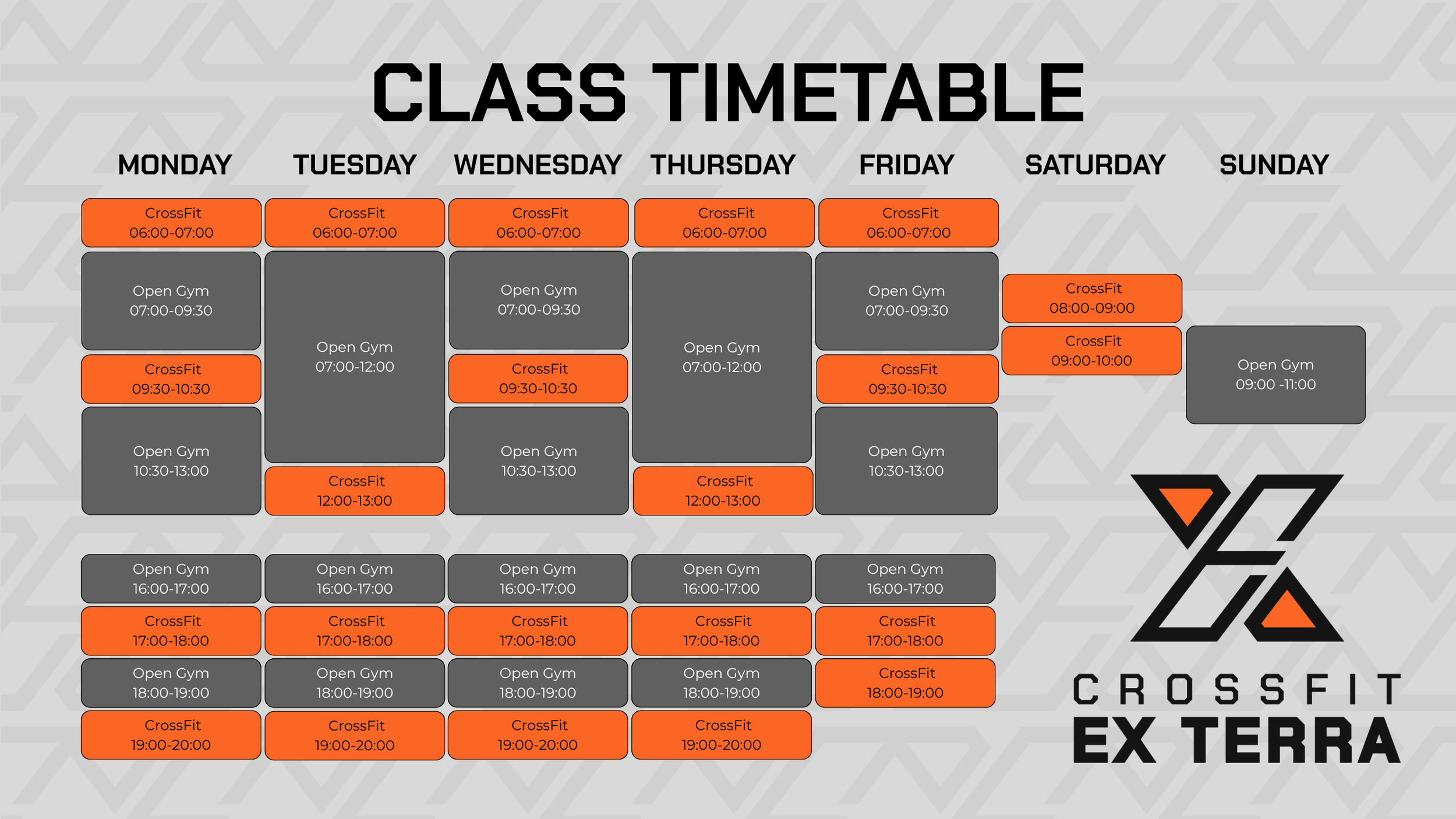 Weekly class timetable for CrossFit Terra, showing daily schedules with classes in orange and gym hours in gray, organized from Monday to Sunday.