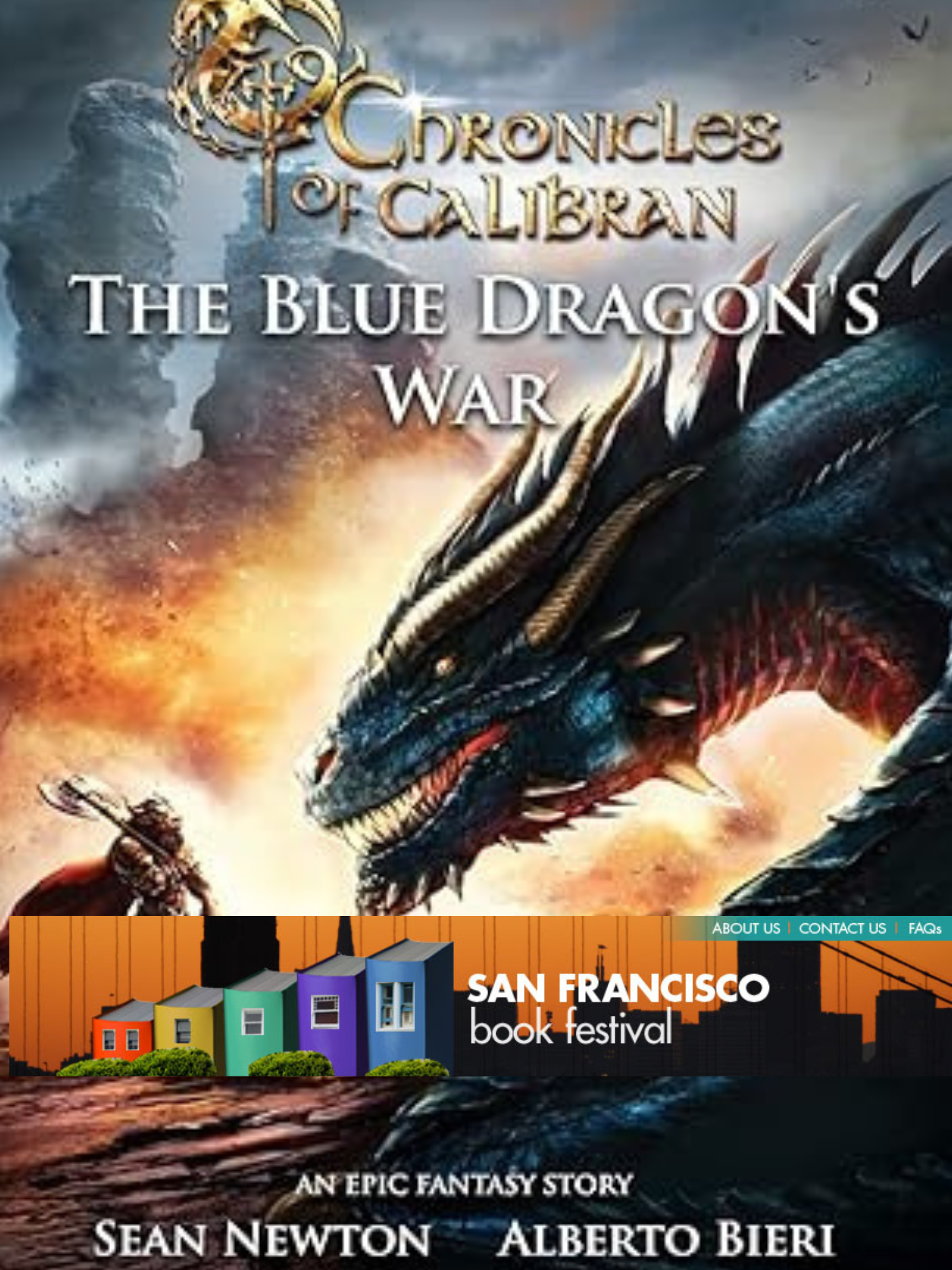 Book cover for 'Chronicles of Caliban: The Blue Dragon's War' featuring a fierce blue and black dragon with red eyes, attacking a warrior with an ax, against a cloudy sky and fiery background.