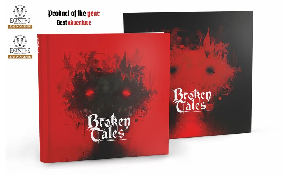A box set of the game 'Broken Tales' with a red hardcover book and a matching black box featuring a red ominous face design, along with award nominations for the 2023 ENNIES.