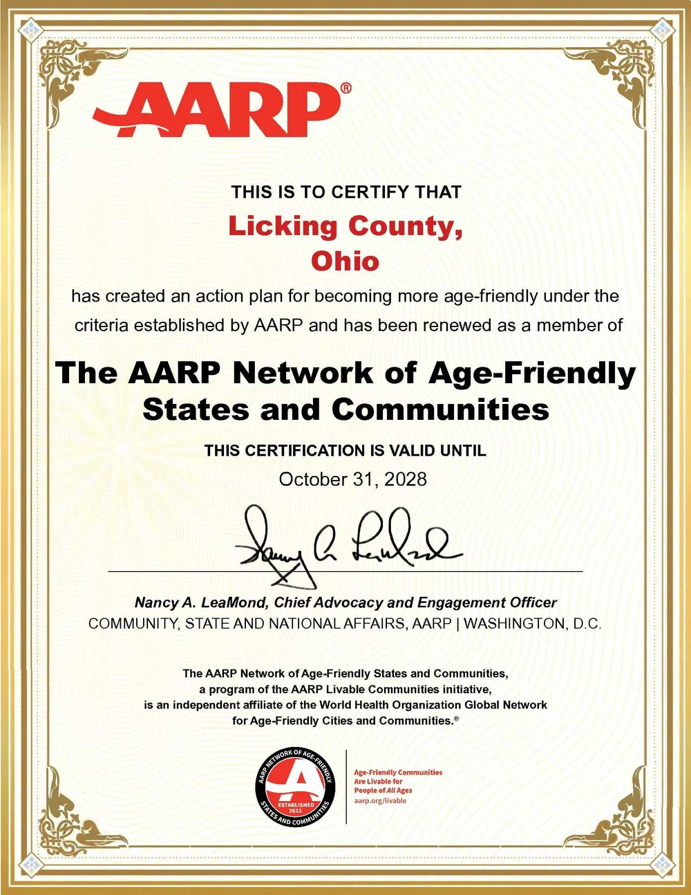 AARP certificate recognizing Licking County's approved Age-Friendly Action Plan
