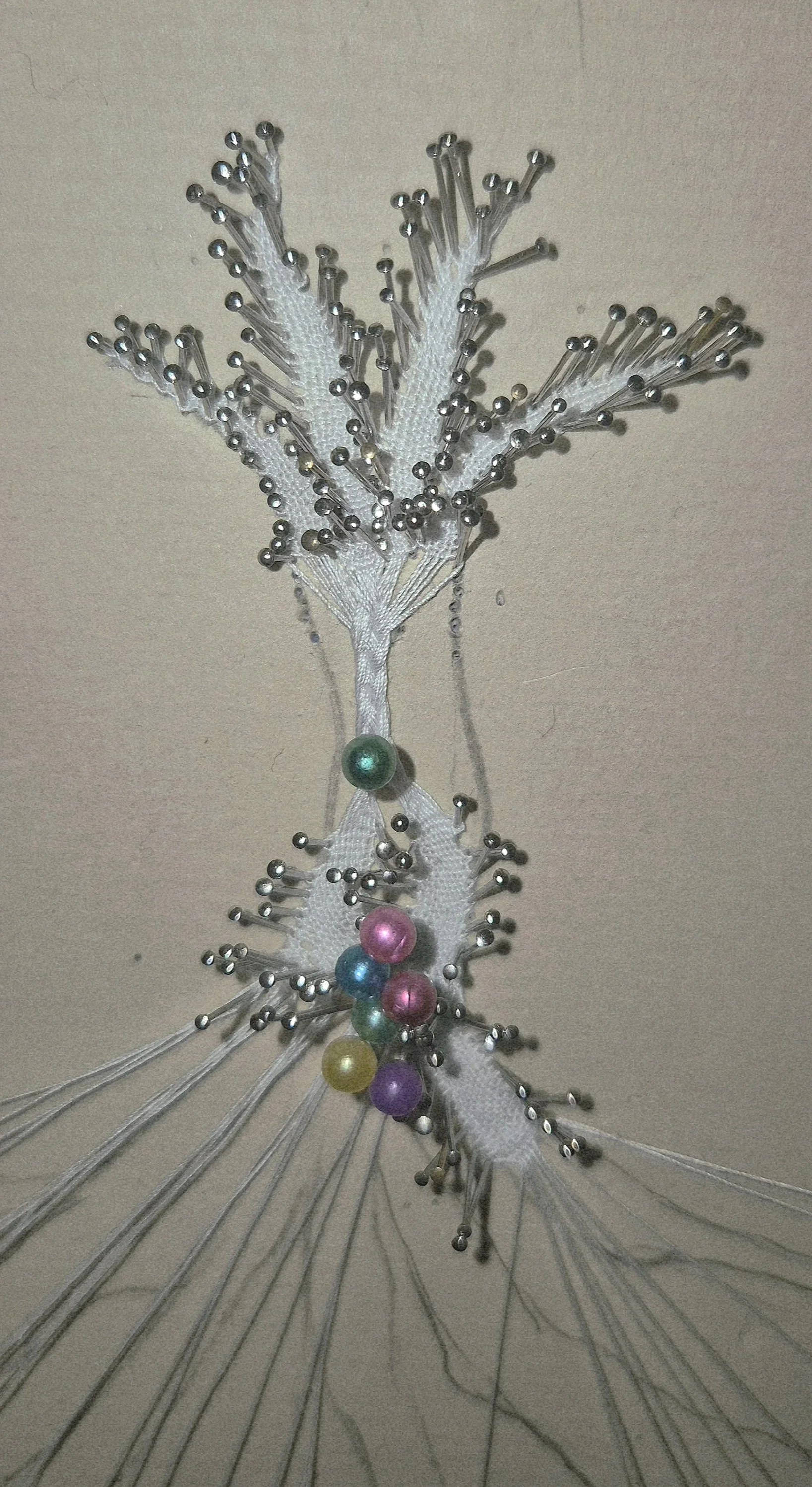 The second bobbin lace piece reflecting mycelium - the inclusion of the half-stitch braid represents the nexus at which chemical interchanges happen between mycelial network and the plants and trees it supports. 
