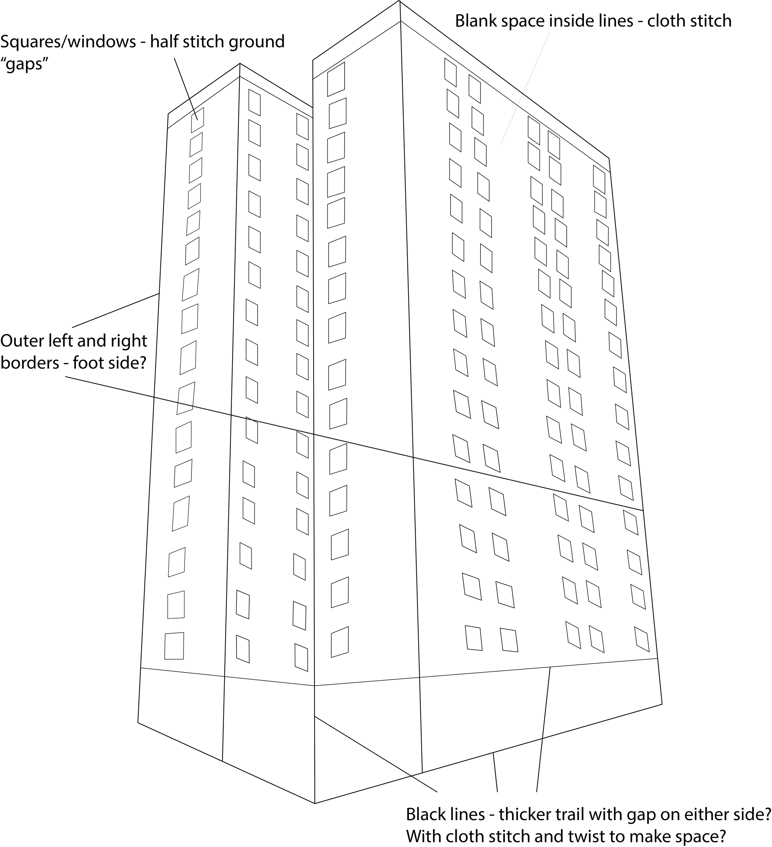 Sketch and planning for a final piece of bobbin lace - one of the 15 storey blocks of flats
