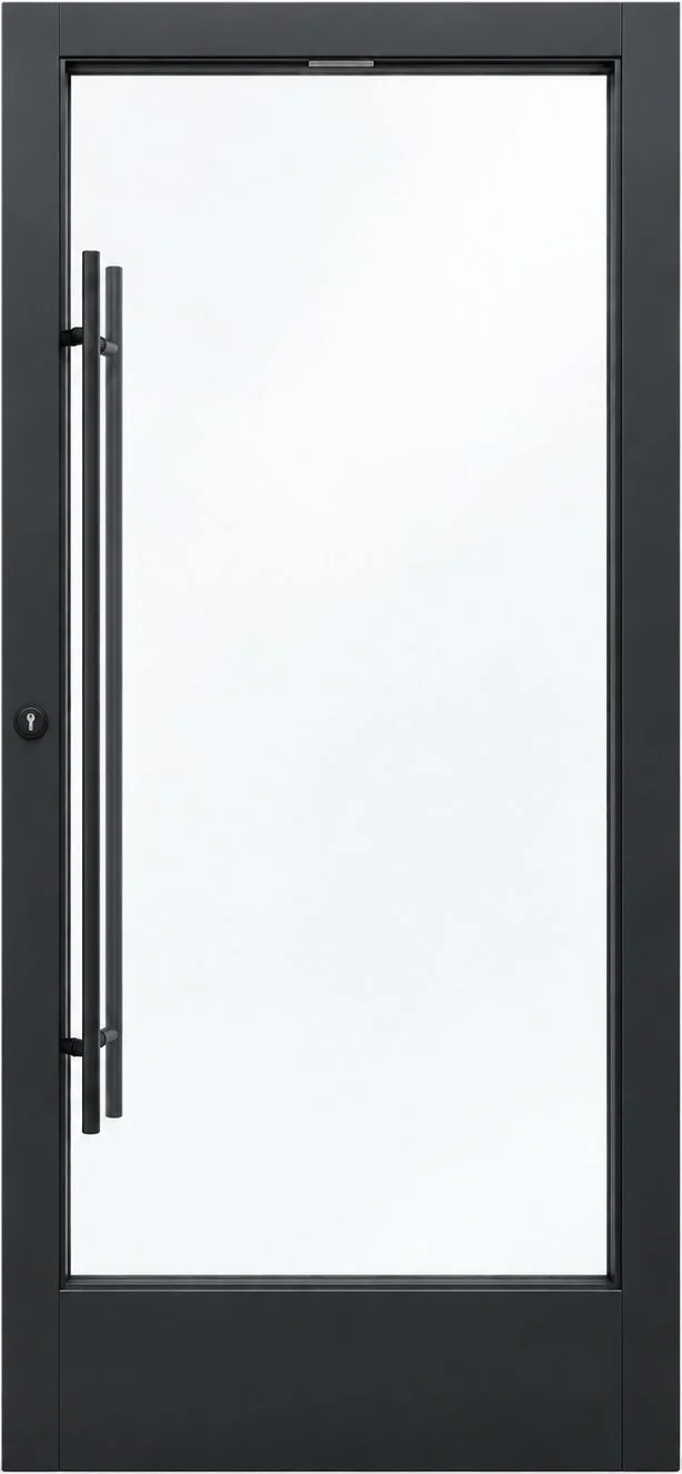 Kawneer 350T commercial entrance door with dark aluminum profiles, vertical pull handles and a wide bottom rail