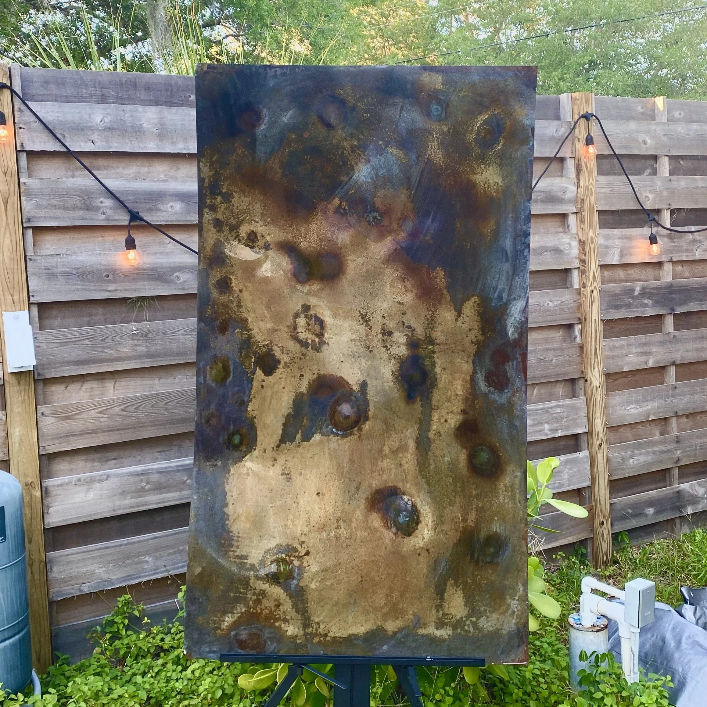 "Burnt Offering" 2021 48" x 30 Chemicals and heat on plain steel