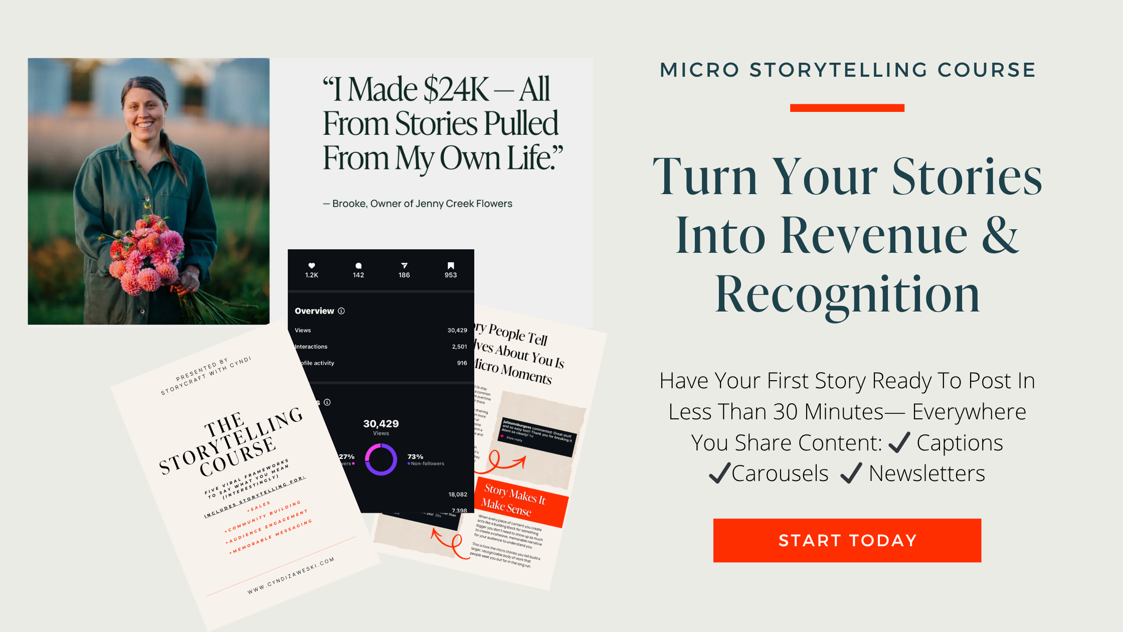 storytelling for sales course graphic with testimonial from a student who had a 24k launch
