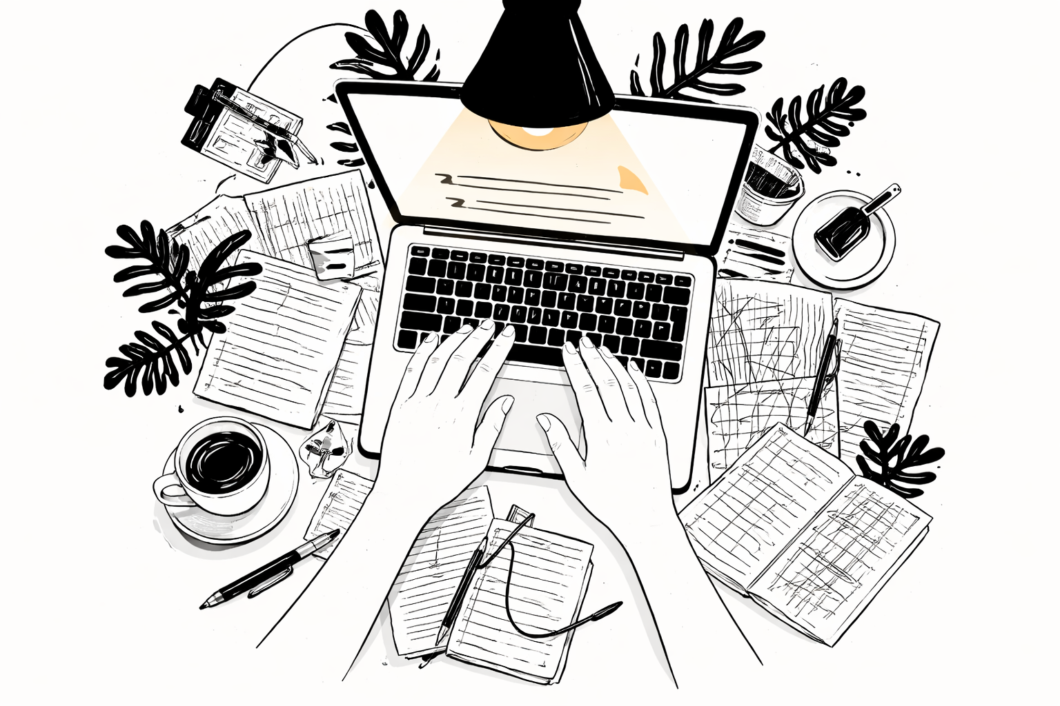 Black and white illustration of a writer organizing notes while writing a micro story on a laptop.