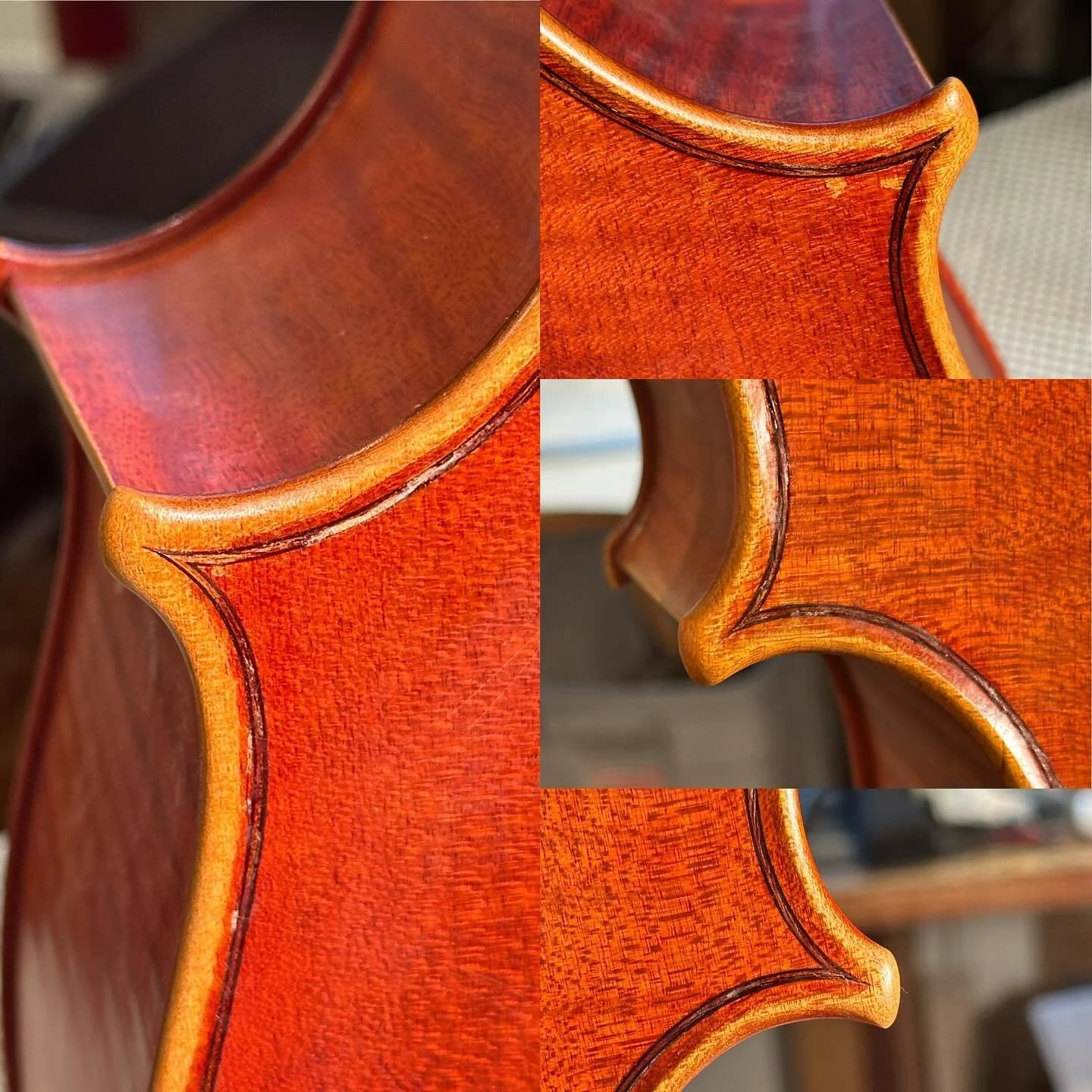 Wearing corners- each corner on a cello gets worn in slightly different ways by the player. For instance- the lower treble corner gets worn more on the face  by the knee because the cello body gets tilted down on the bass side. Then the lower bass co