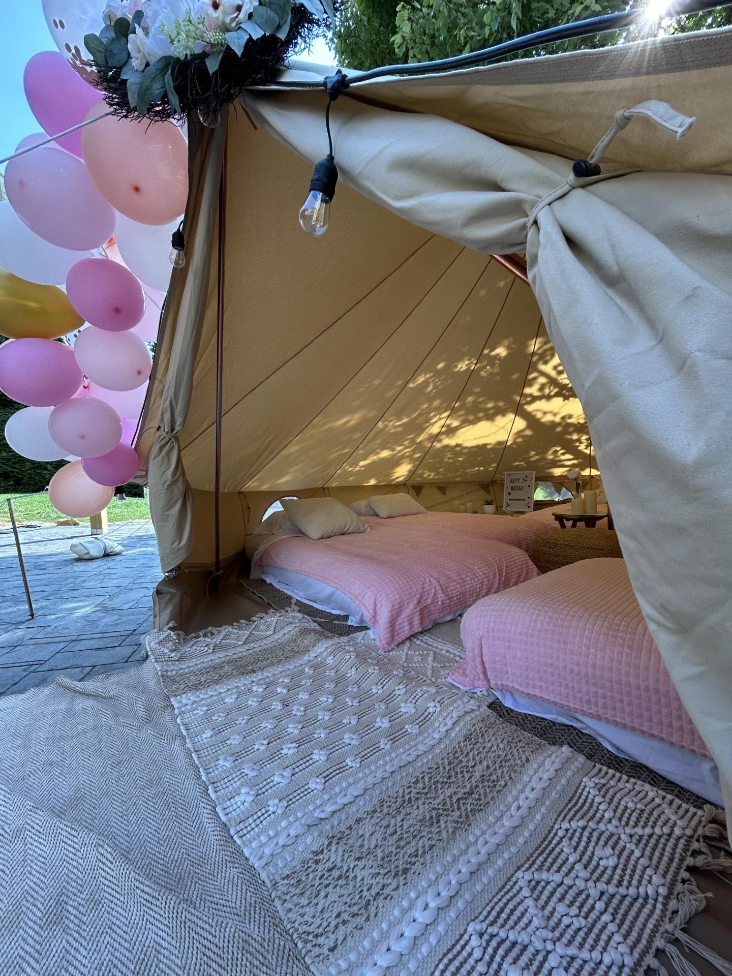 Birthday glamping tent delivered to a backyard