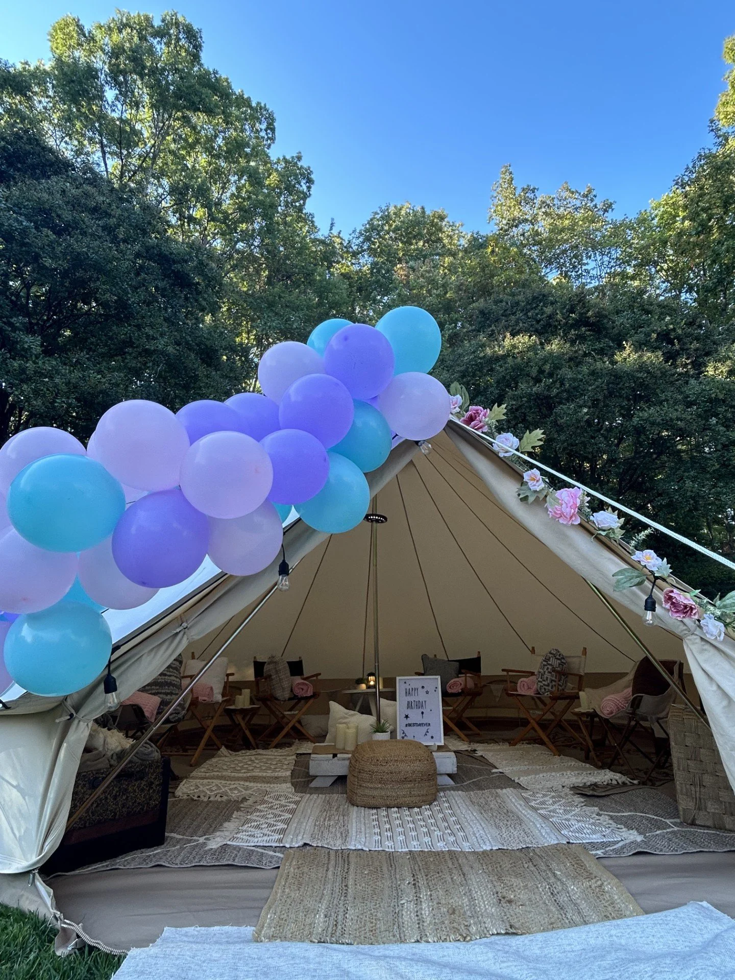 Backyard glamping lounge setup for a family gathering and party in Roanoke, VA
