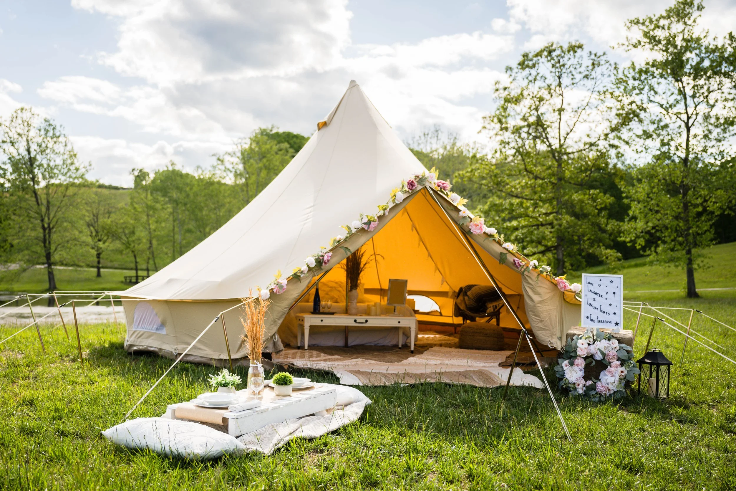 Fully furnished mobile glamping tent setup delivered to a backyard in Blacksburg & Christiansburg, VA