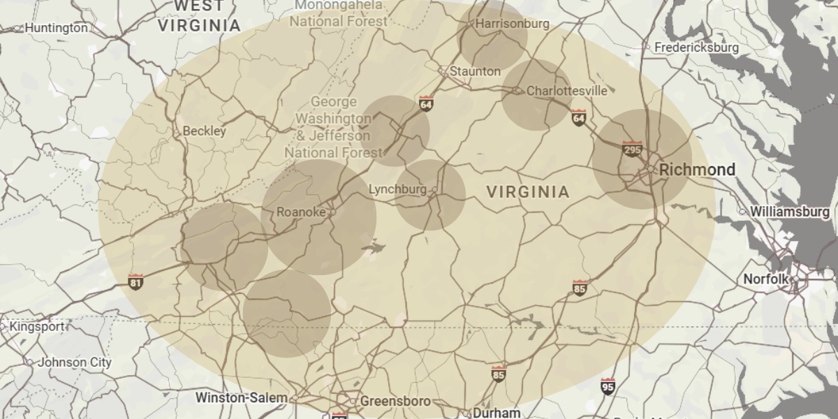 Map showing Star City Glamping tent rental service area in Roanoke, VA and surrounding towns up to 3 hours away