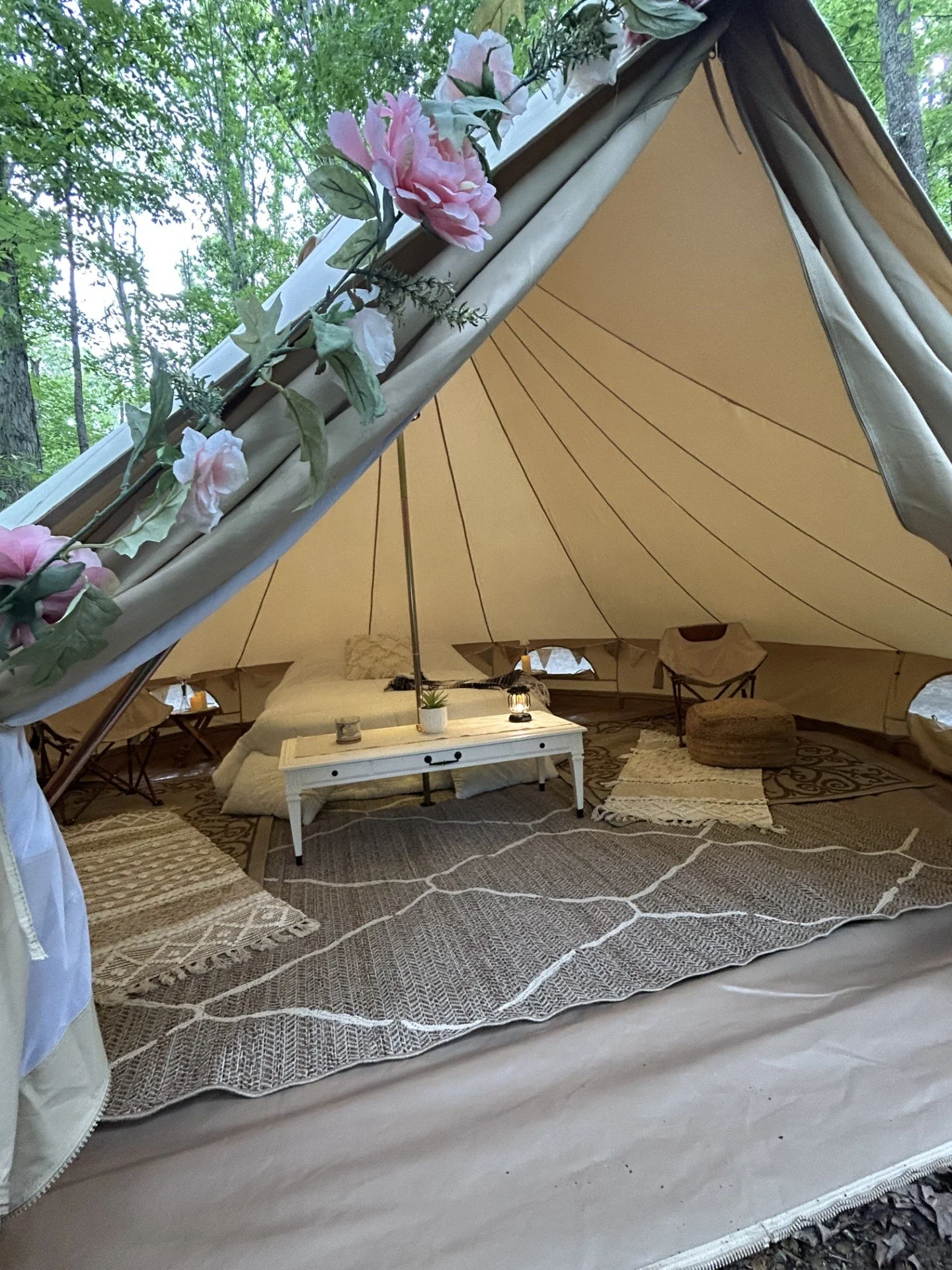 Fully furnished luxury mobile glamping tent set up at a private location in Smith Mountain Lake and Bedford, Virginia