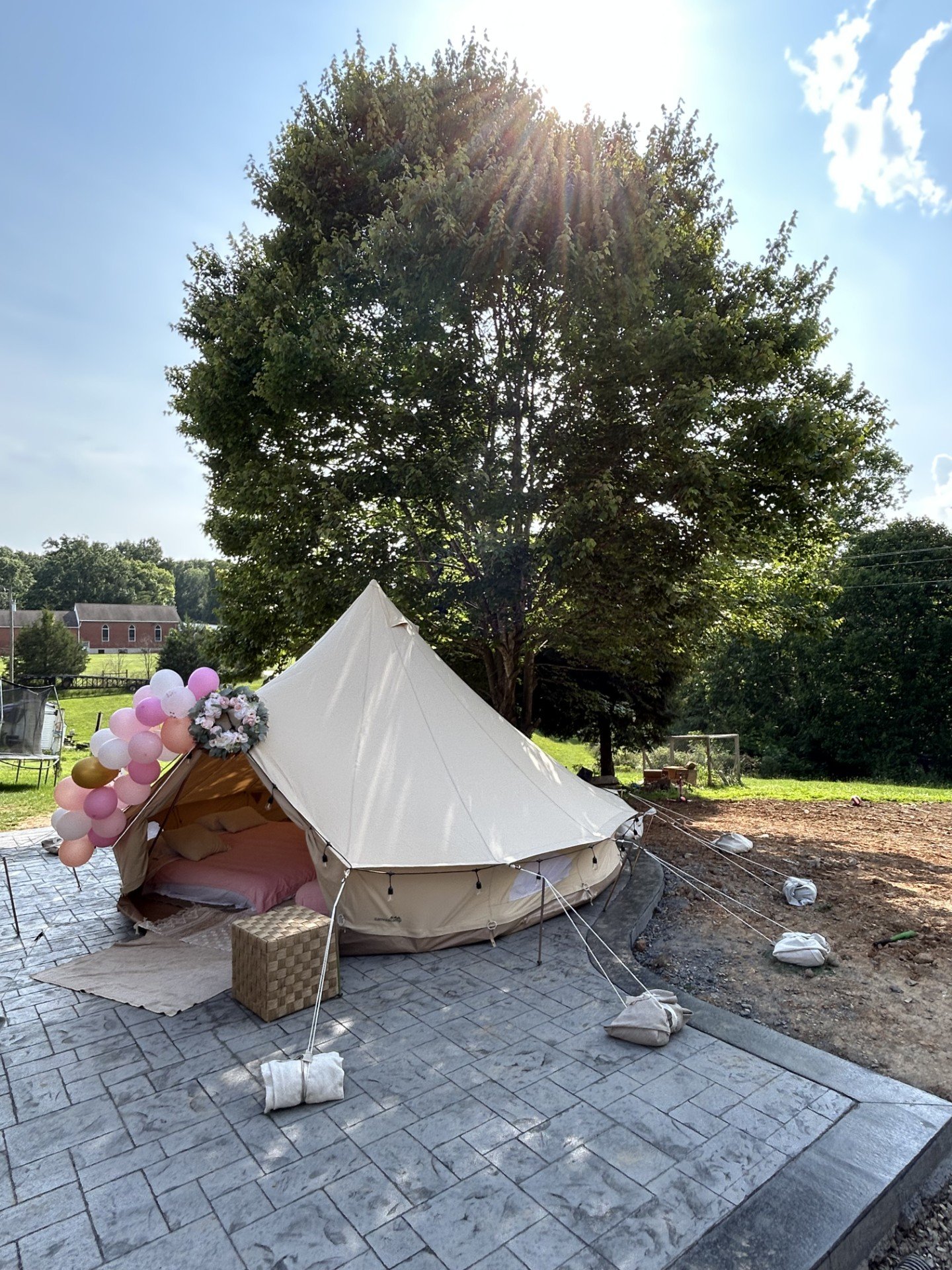 Birthday glamping tent setup for kids and adults at Smith Mountain Lake & Bedford, VA with festive décor