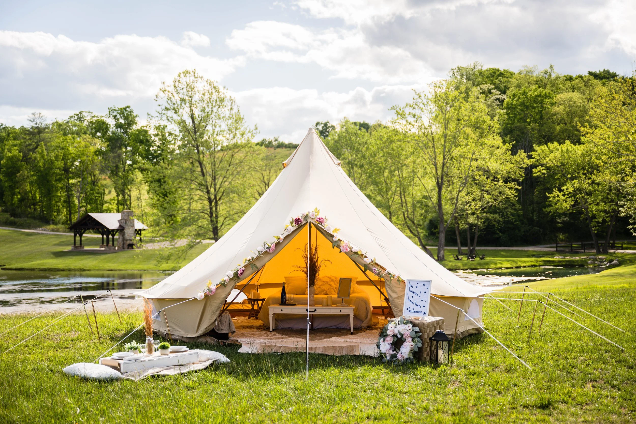 Luxury wedding glamping tent set up at an outdoor wedding venue in Roanoke, Virginia
