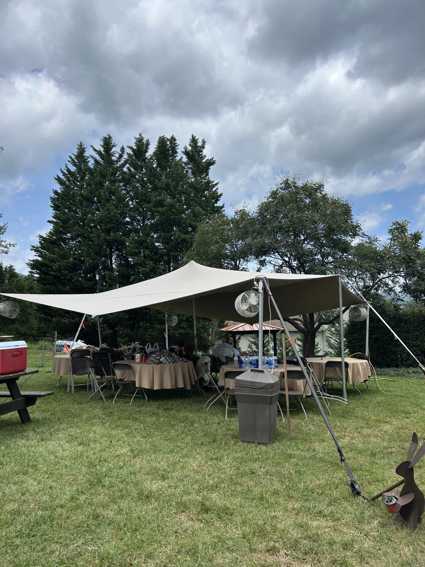 Stretch tent set up for a family gathering with seating and outdoor lighting in Virginia