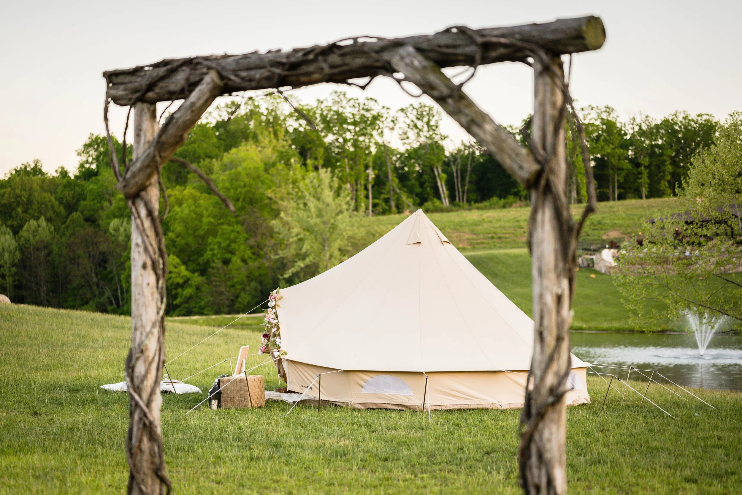Luxury wedding glamping tent rental set up at a venue in Roanoke, VA
