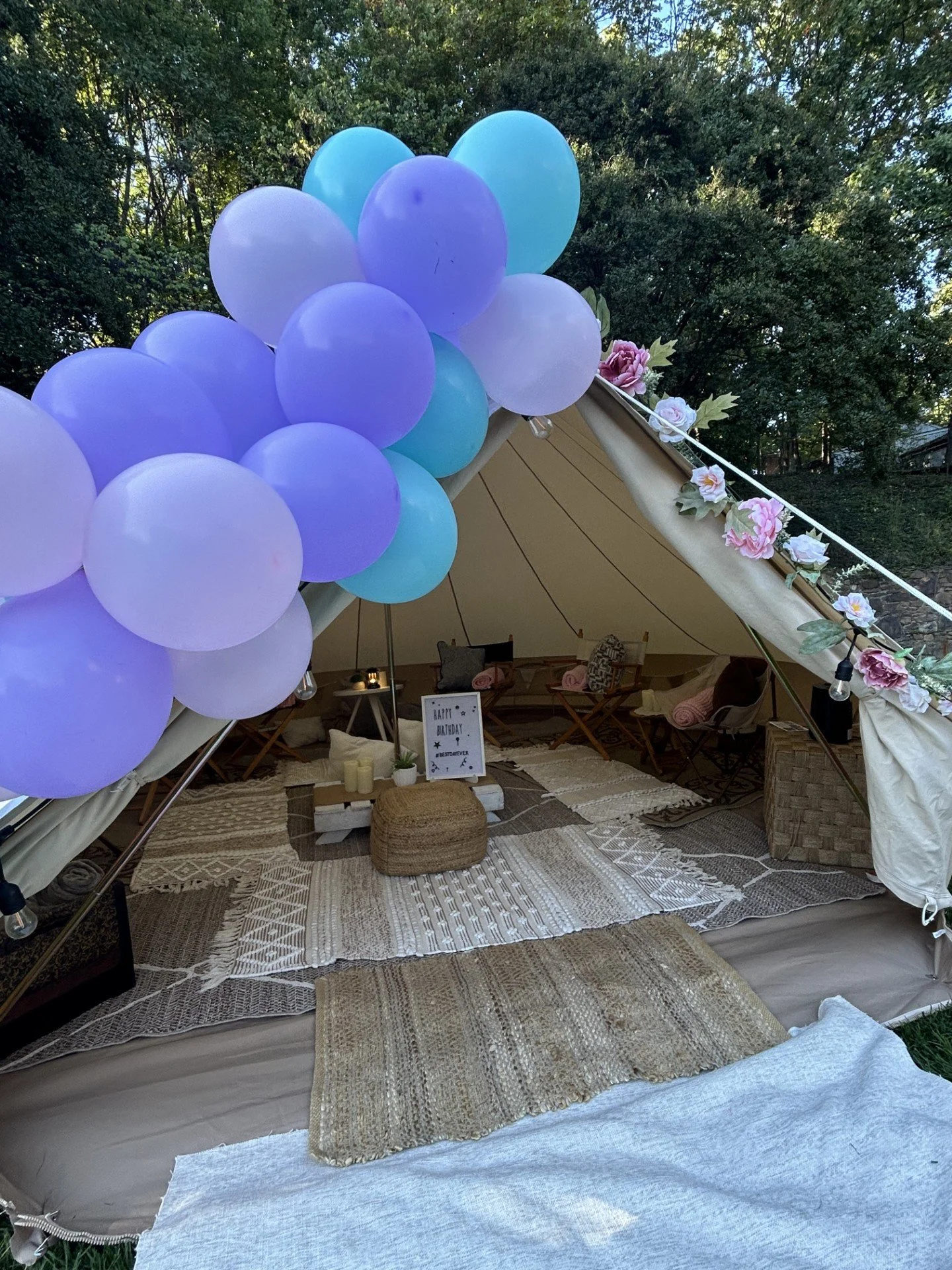 Luxury tent rental interior used as a birthday party hangout space