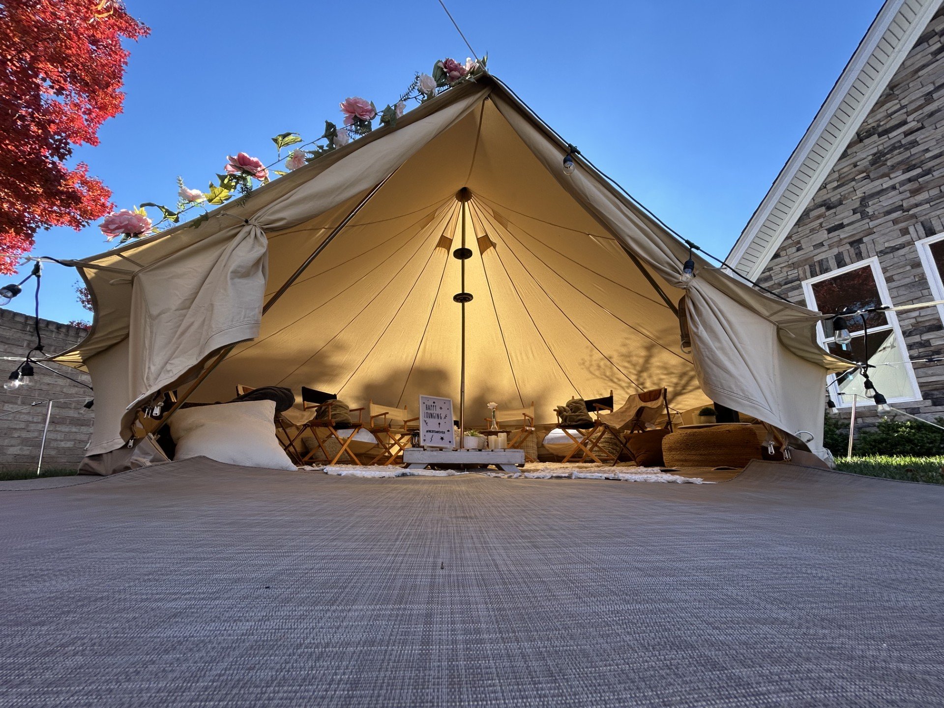 Luxury glamping tent setup for a corporate retreat or team event in Virginia