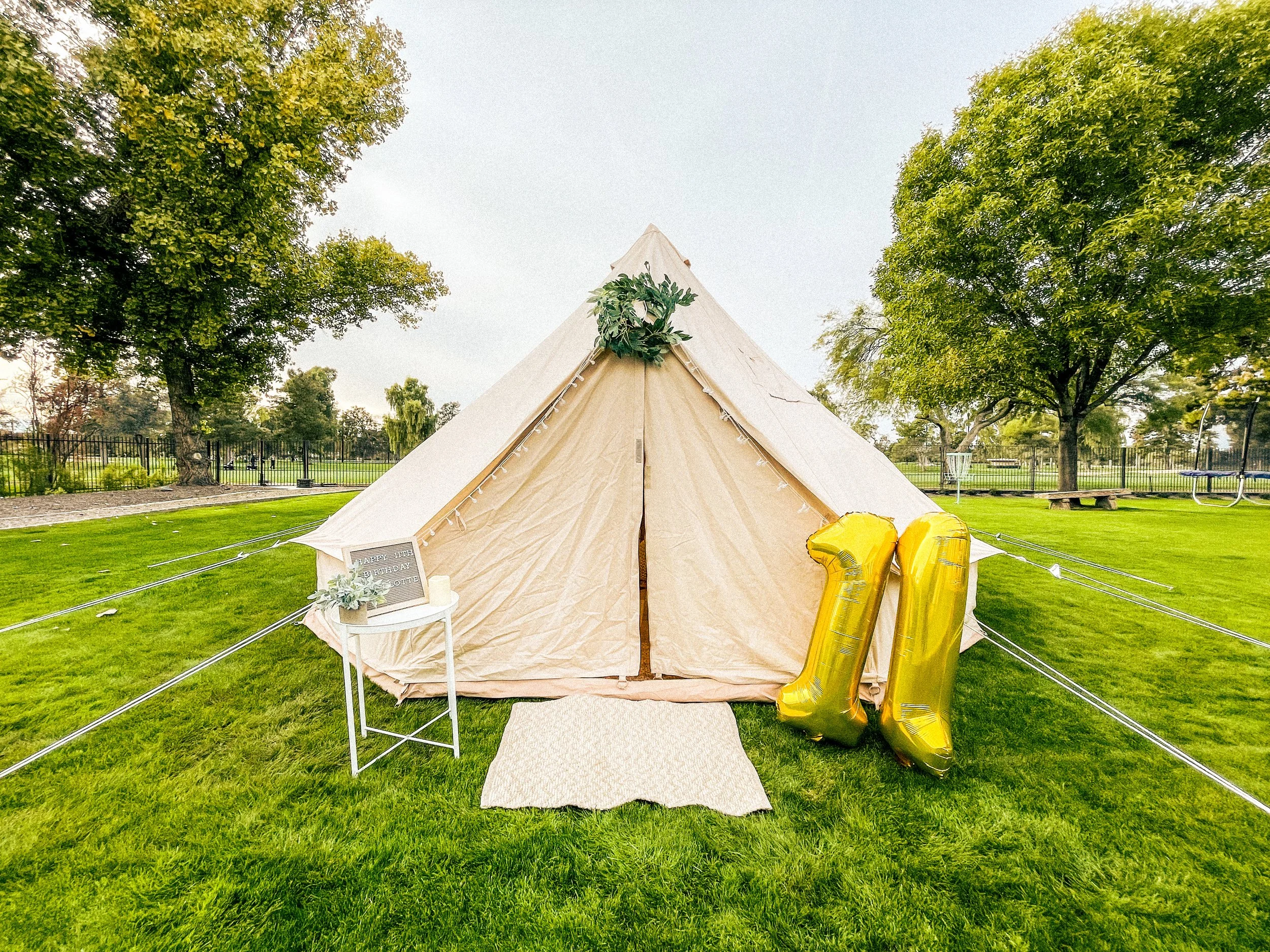 Exterior view of a birthday party glamping bell tent setup in Roanoke, Virginia