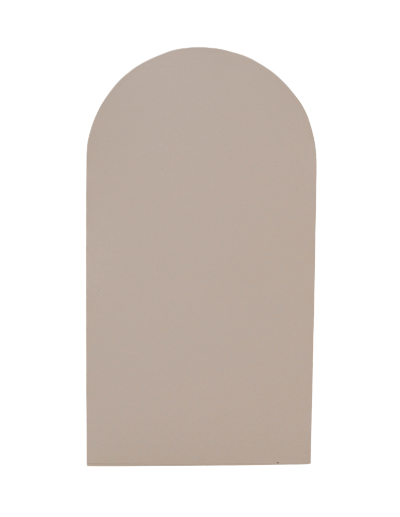 A plain, arch-shaped beige object, possibly a canvas or board, against a black background.
