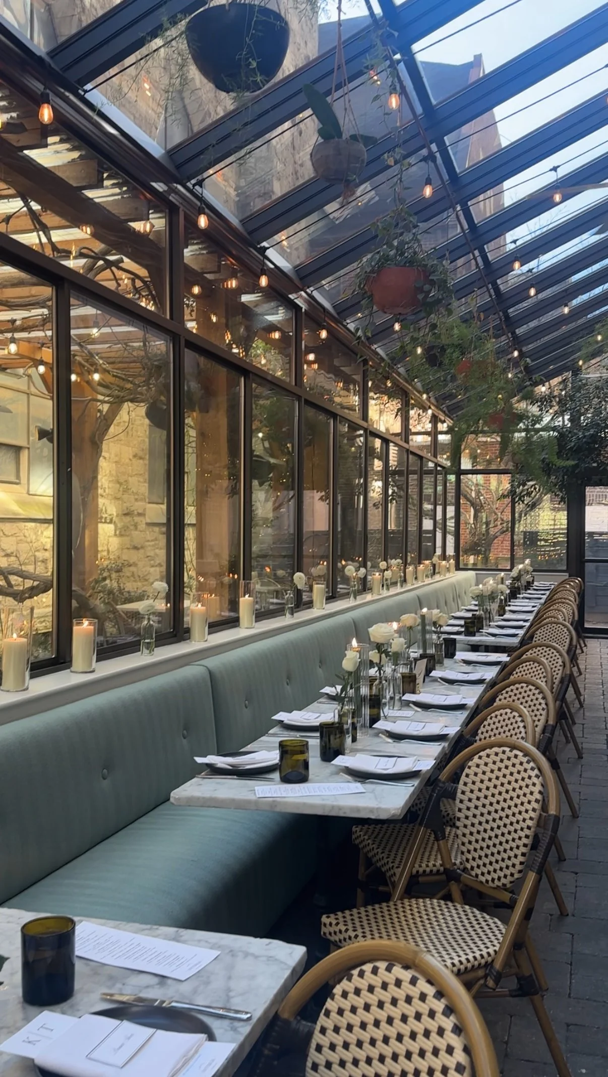 A long dining table set for a meal inside a glass-enclosed restaurant with large windows, hanging potted plants, string lights, candles, white roses in vases, and chairs with woven backs.
