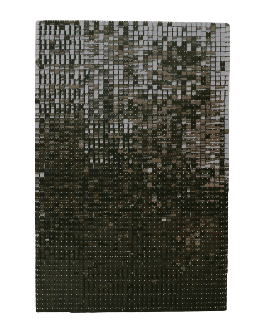 Close-up of a mosaic artwork made of small, reflective, rectangular tiles arranged in a pattern.