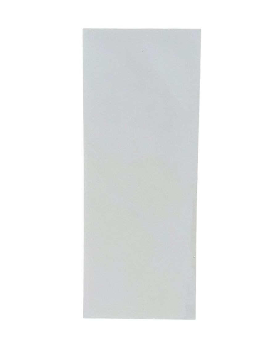 A tall, plain white rectangular door or panel against a black background.