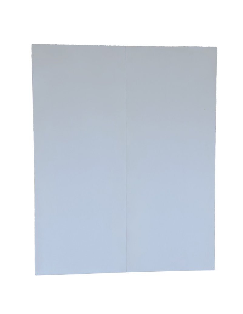 A blank white poster board standing upright on a stand, with no text or images.