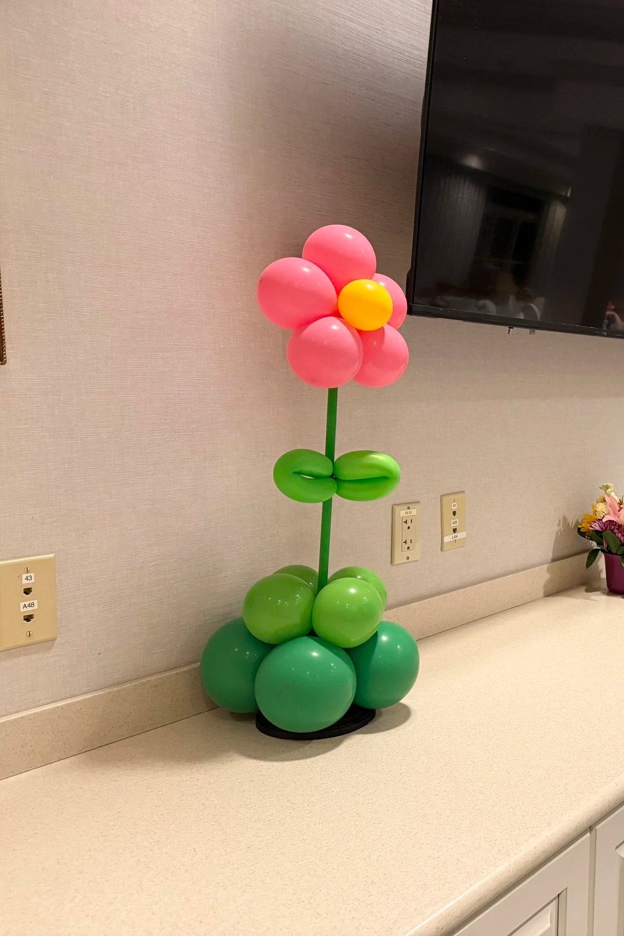 Balloon art sculpture resembling a flower with pink petals, a yellow center, a green stem, and green base balloons, situated on a countertop against a light-colored wall with electrical outlets and a wall-mounted TV.