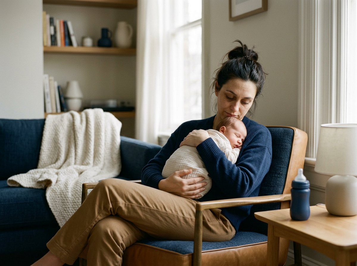 Parent experiencing postpartum depression symptoms at home