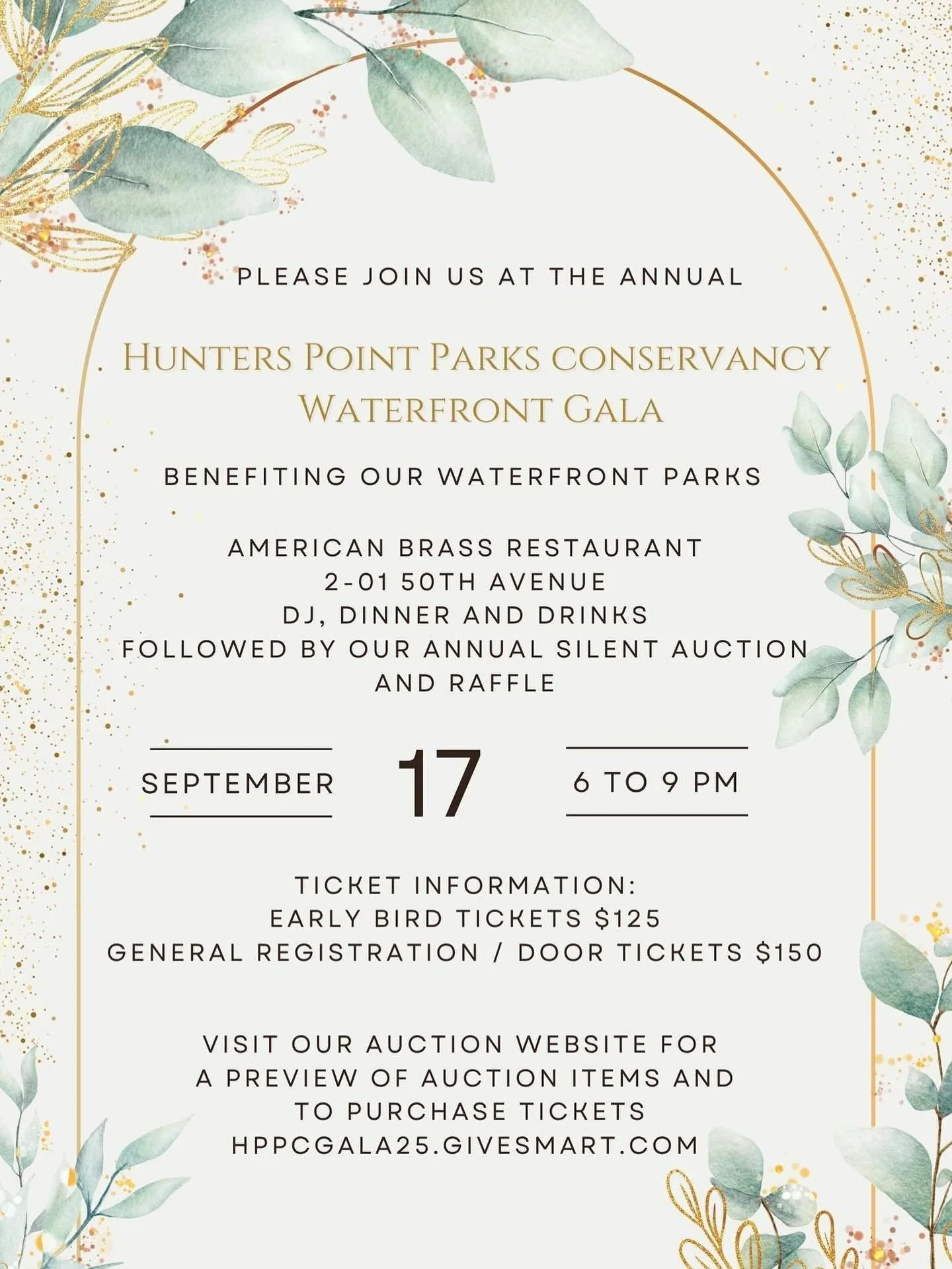 Three week left for our early bird discount tickets- buy at our link in bio!

Hunters Point Parks Conservancy is delighted to announce our Annual Waterfront Gala &amp; Silent Auction, which will be held Wednesday, September 17th, at American Brass. ?