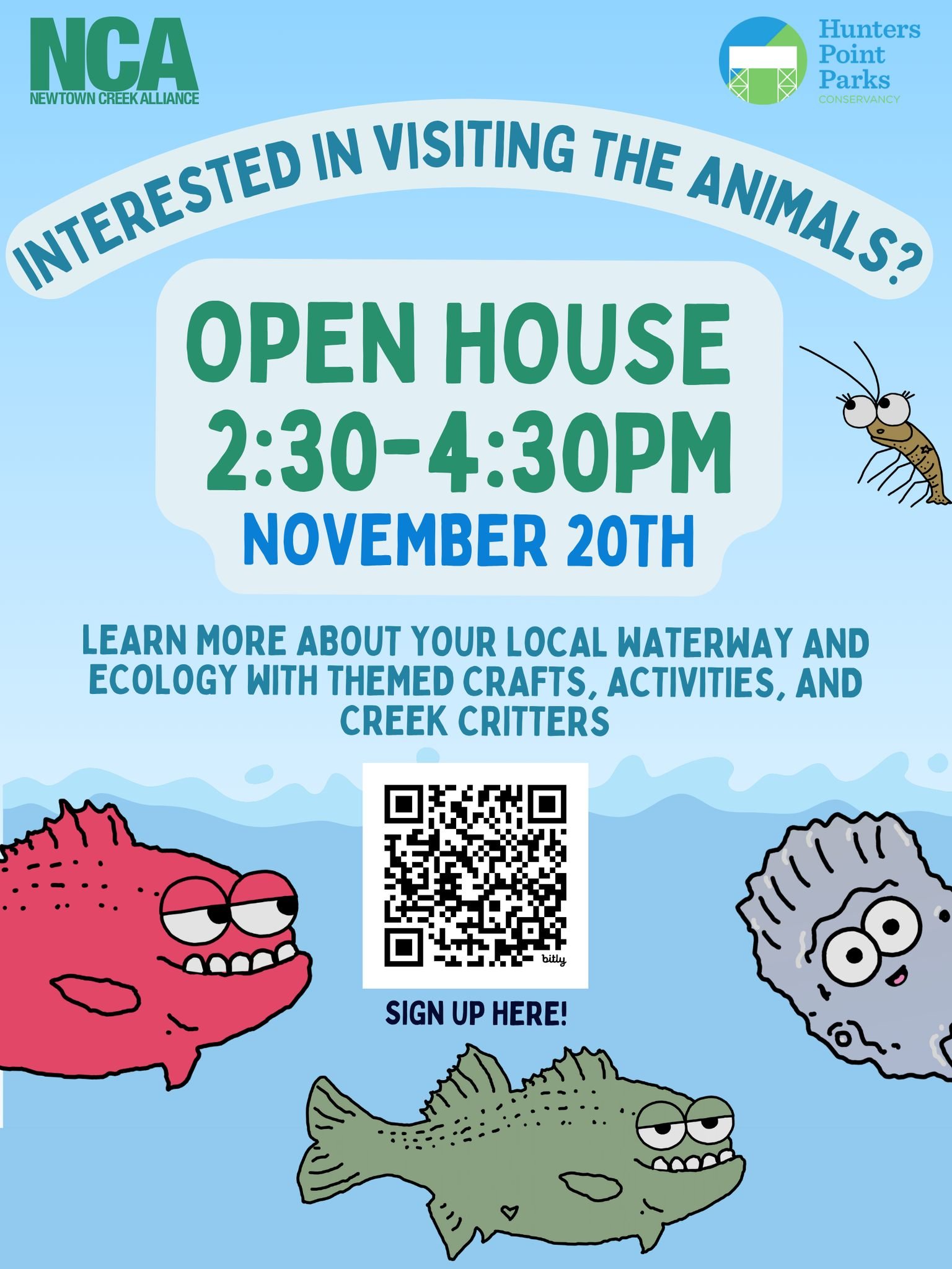 Please join us next Thursday, November 20th for another Queens Landing Open House at our Environmental Center from 2:30-4:30PM.

We will have crafts, activities, and be showcasing our beautiful animals from the Newtown Creek!

For more information an