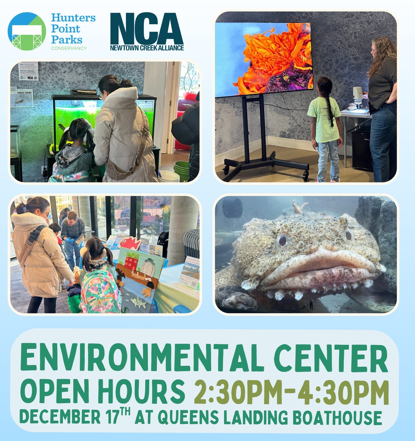 Please join us Wednesday, December 17th for another Queens Landing Open House at our Environmental Center from 2:30-4:30PM.

We will have crafts, activities, and be showcasing our beautiful animals from the Newtown Creek!

For more information and to