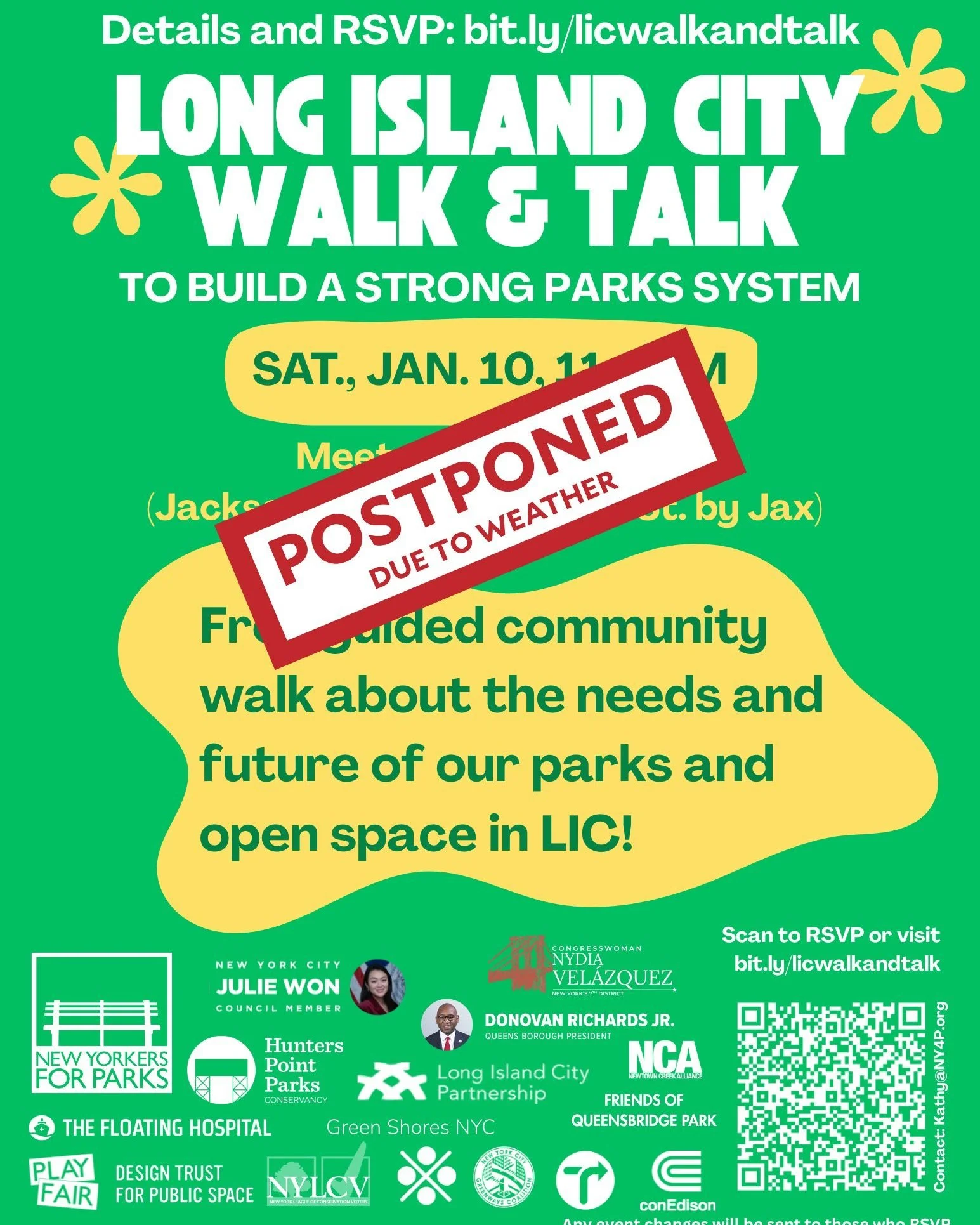 NEW DATE! The @ny4p LIC Walk &amp; Talk for this Saturday has been rescheduled for inclement weather. The new date will be Saturday, January 24, from 11 a.m. to 1 p.m. Join us to discuss parks and open space in Long Island City. RSVP at bit.ly/licwal