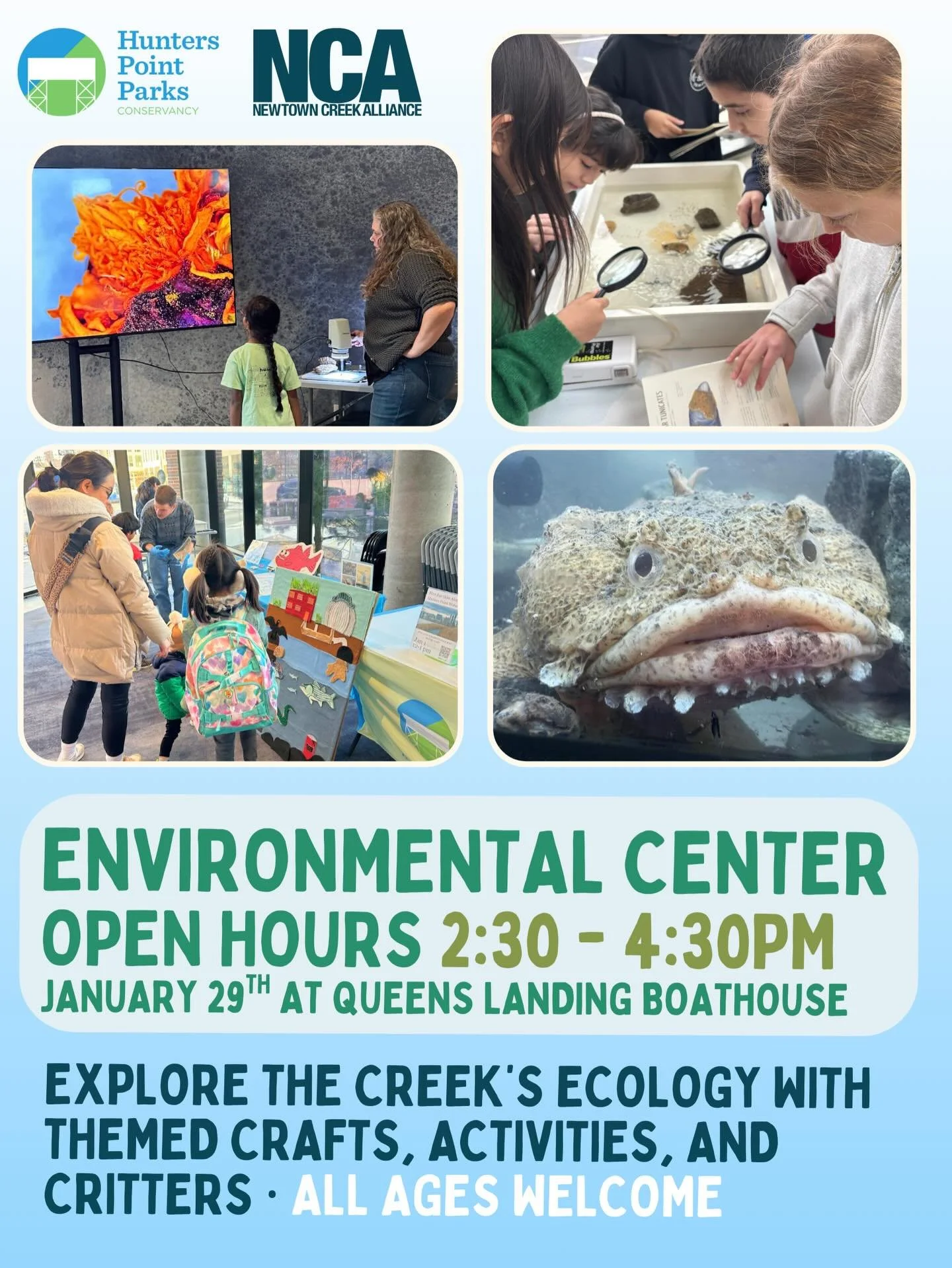 Please join us Thursday, January 29th for another Queens Landing Open Hours at our Environmental Center from 2:30-4:30PM.

We will have crafts, activities, and be showcasing or beautiful animals from the Newtown Creek!

For more information and to re