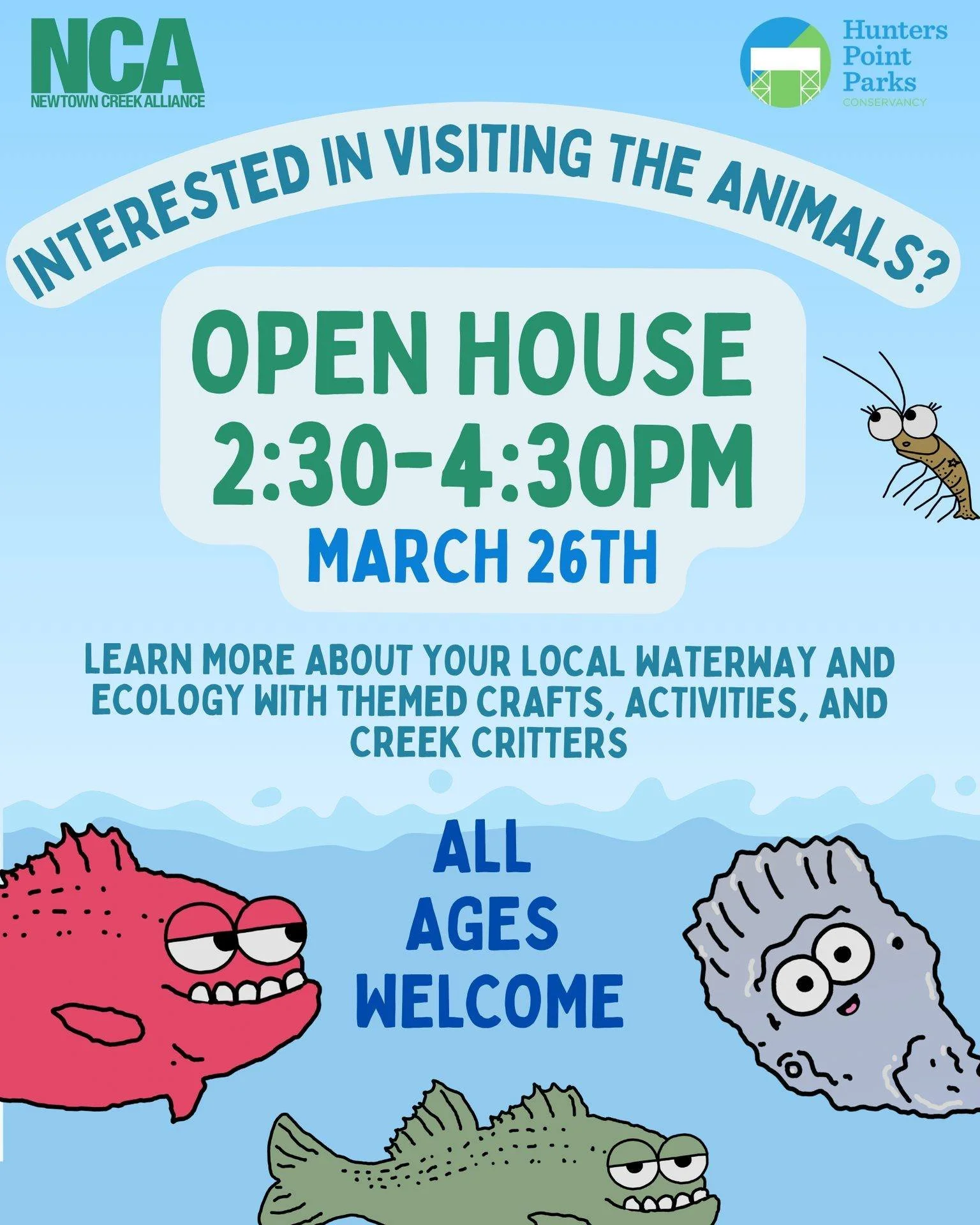 Please join us and The Newtown Creek Alliance tomorrow Thursday, March 26th for another Queens Landing Open Hours at our Environmental Center from 2:30-4:30PM.

We will have crafts, activities, and be showcasing or beautiful animals from the Newtown 