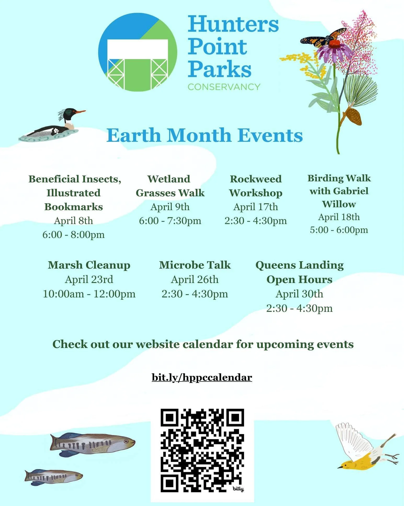 Please join us for our Earth Month events!

More details can be found on our website calendar: www.hunterspointparks.org/calendar and you can register for these events on our Eventbrite- link in bio :)