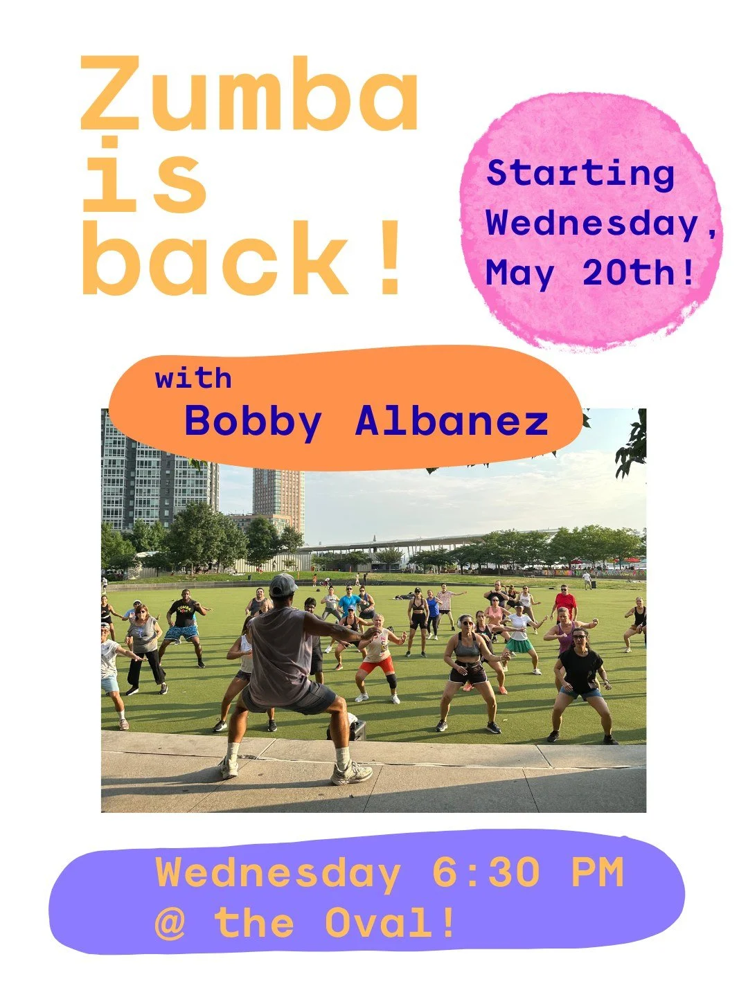 Our first Zumba on the Waterfront with Bobby Albanez will be next Wednesday, May 20th at 6:30 PM at the Oval in Hunter's Point South Park!

We hope to see you there :) To keep updated on weather cancellations, please register on our Eventbrite- link 