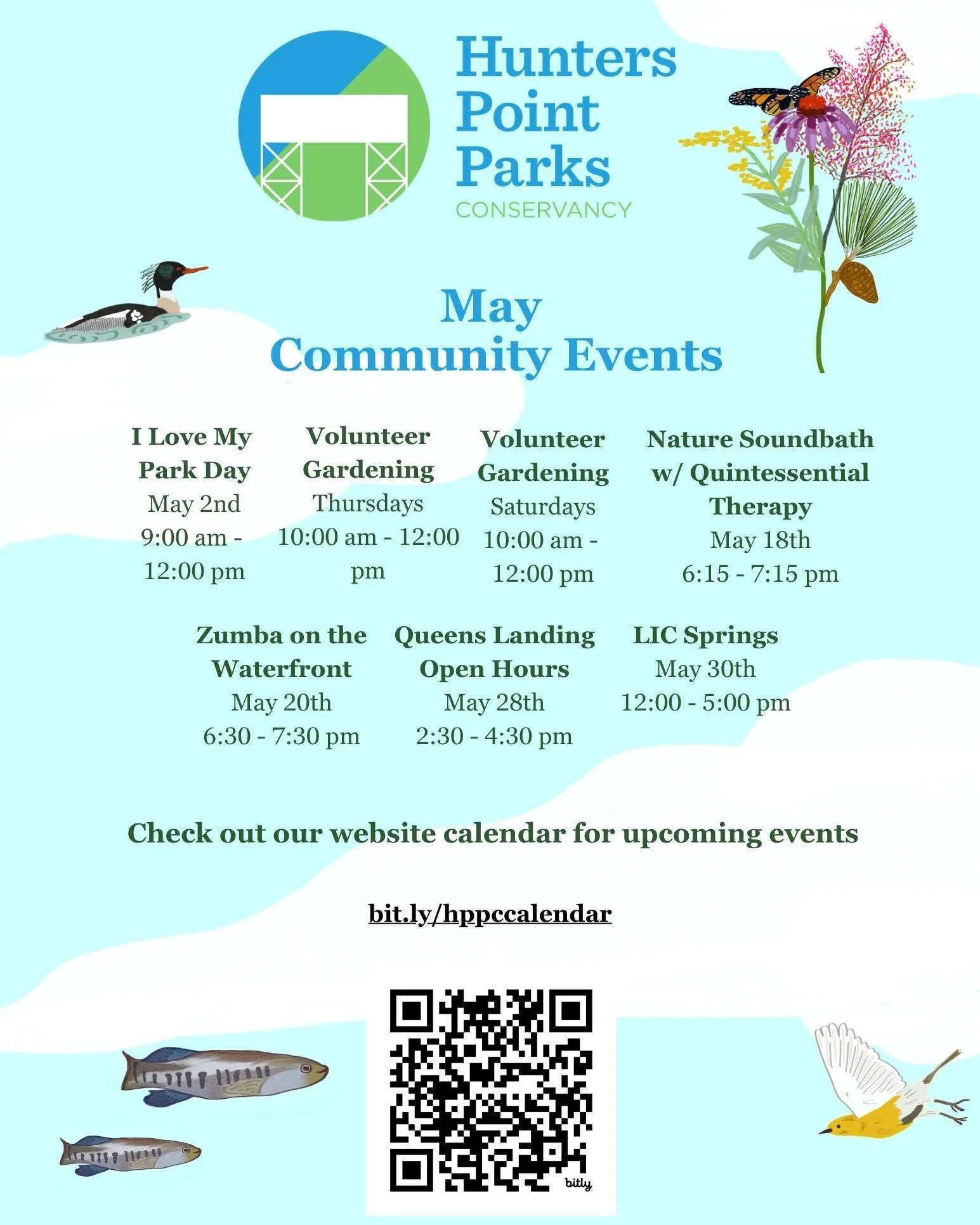 Join us for the rest of our May events!

You can look at all of our upcoming events on our website: www.hunterspointparks.org/calendar and on our Eventbrite- link in our bio :)