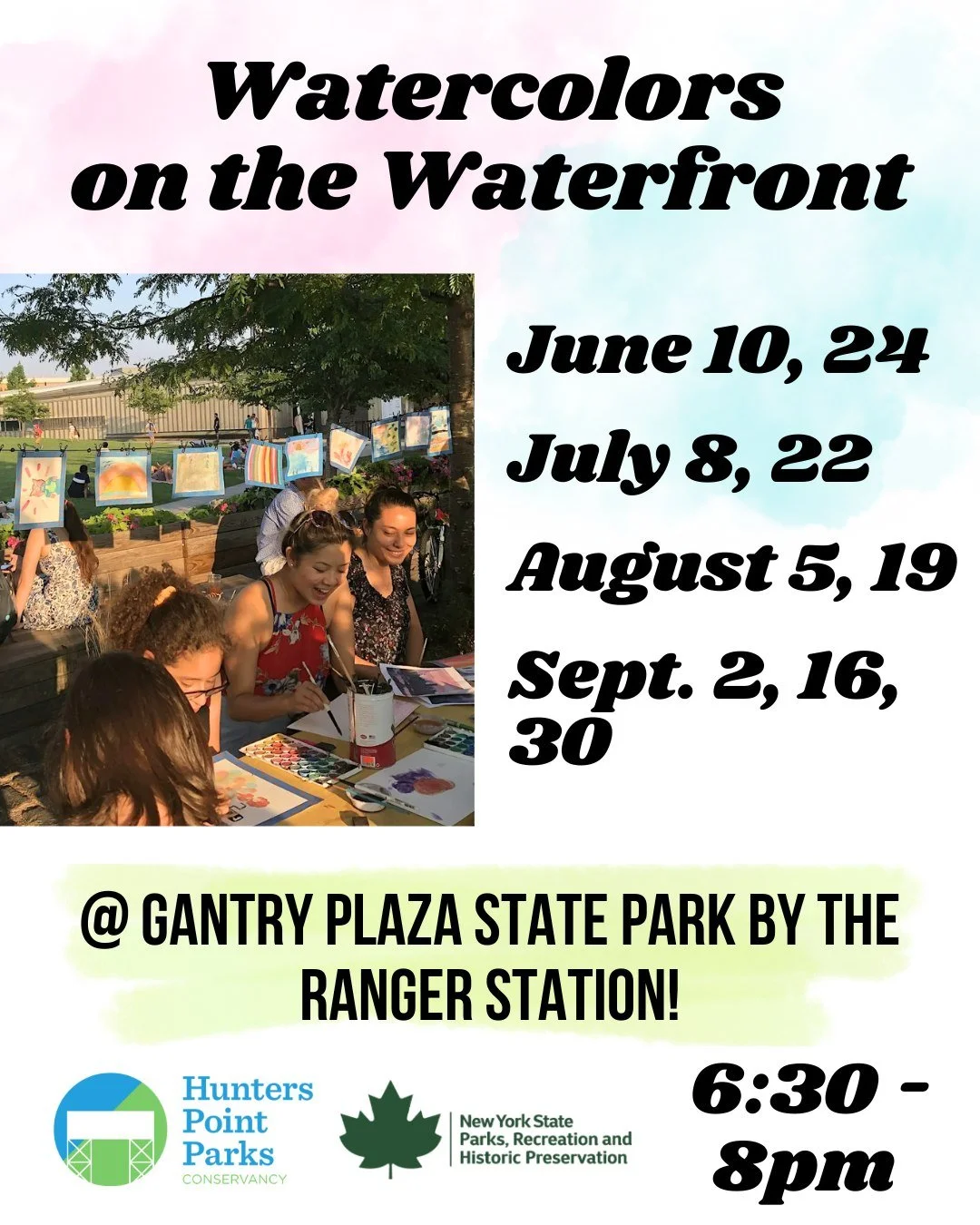 Join us for free Watercolors on the Waterfront classes hosted by Hunter's Point Parks Conservancy in partnership with Art instructor Donna Levinstone!

Watercolor on the Waterfront will be every other Wednesday throughout the summer. We meet at the p