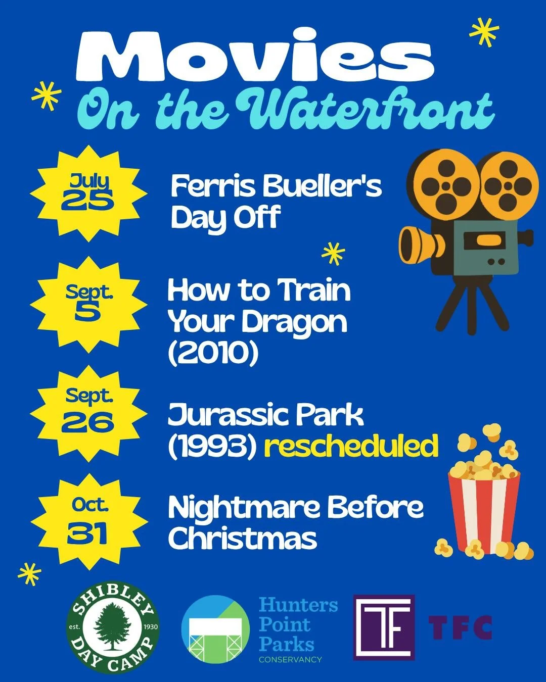 Join us for our upcoming movie nights!

All movies start at sunset at the Oval in Hunter's Point South Park. Bring your blankets early to get a good spot, as last year several of the movie nights brought out over 1,000 people.

Check our social media