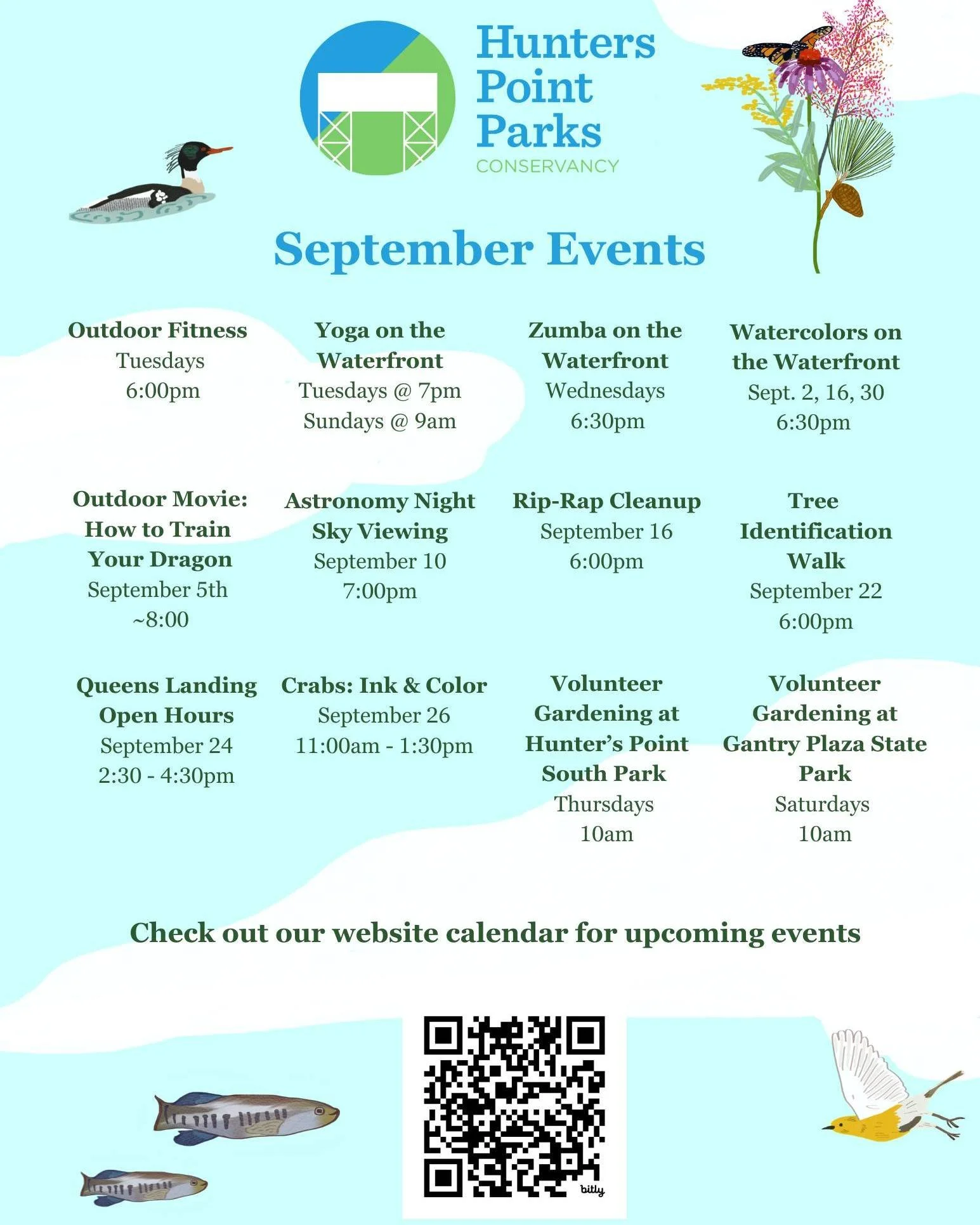 Join us for our September programming! you can view our full calendar on our website: https://www.hunterspointparks.org/calendar :)