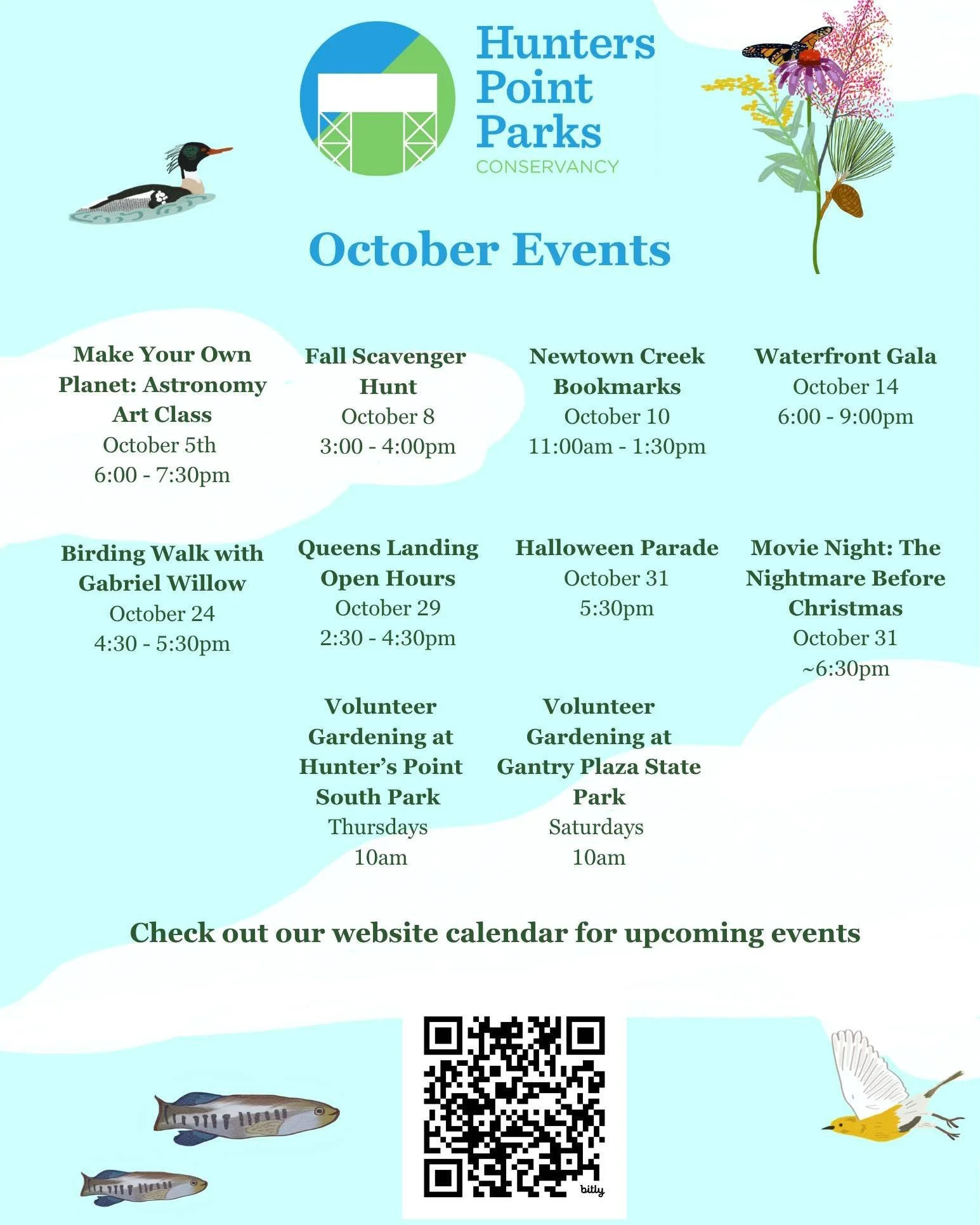 Join us for our October programming! you can view our full calendar on our website: https://www.hunterspointparks.org/calendar :)